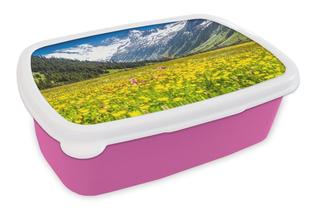 MuchoWow Lunchbox Blumen - Mons - Gelb, Kunststoff, (2-tlg), Brotbox für Erwachsene, Brotdose Kinder, Snackbox, Mädchen, Kunststoff rosa