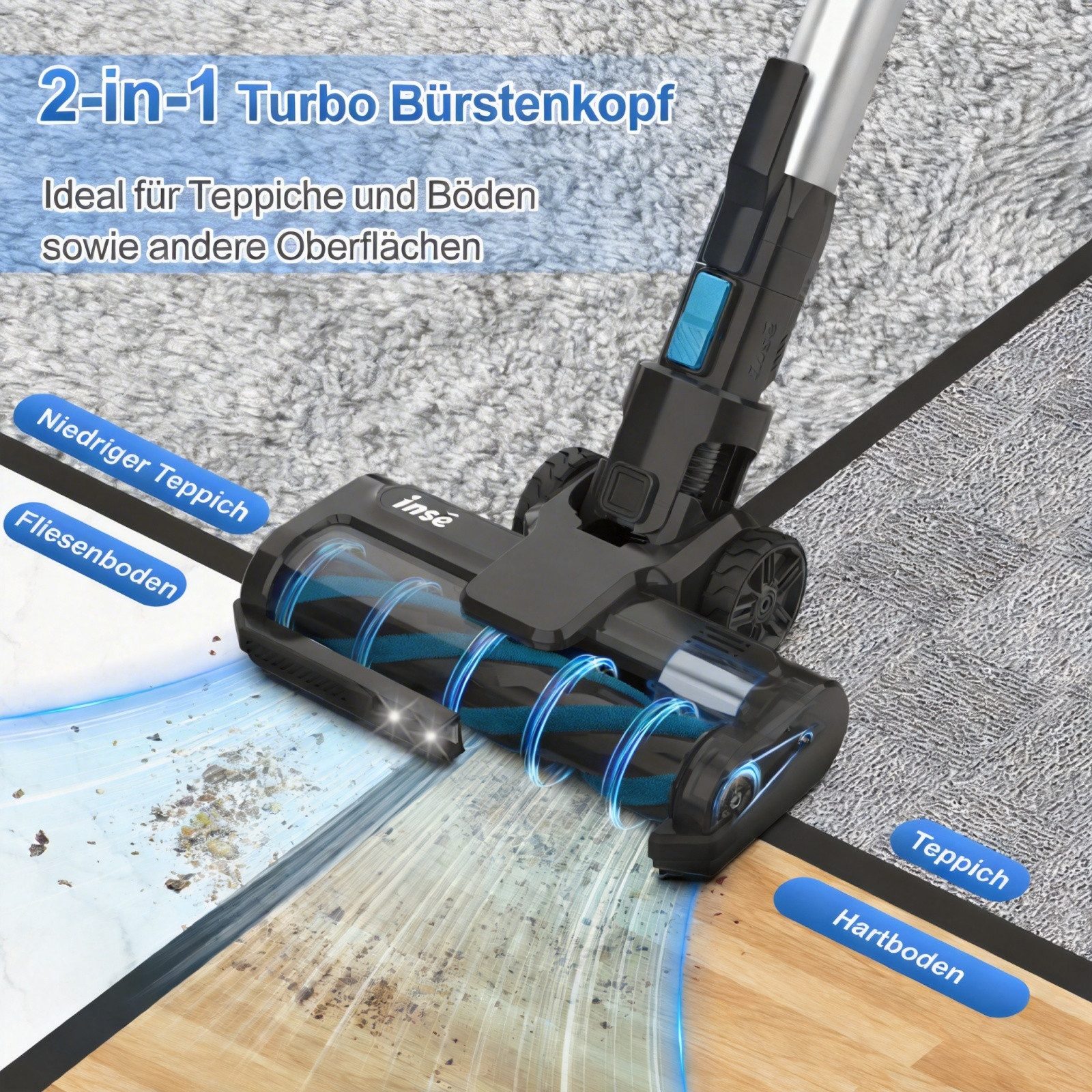 INSE Akku-Hand-und Stielstaubsauger Akku Staubsauger 80000Pa/300W/50Min, 1.8 L Staubsauger Kabellos, mit Beutel, 50dB leise/5-Stufen-Filter/LED Display, Ideal für Böden/Teppiche/Auto