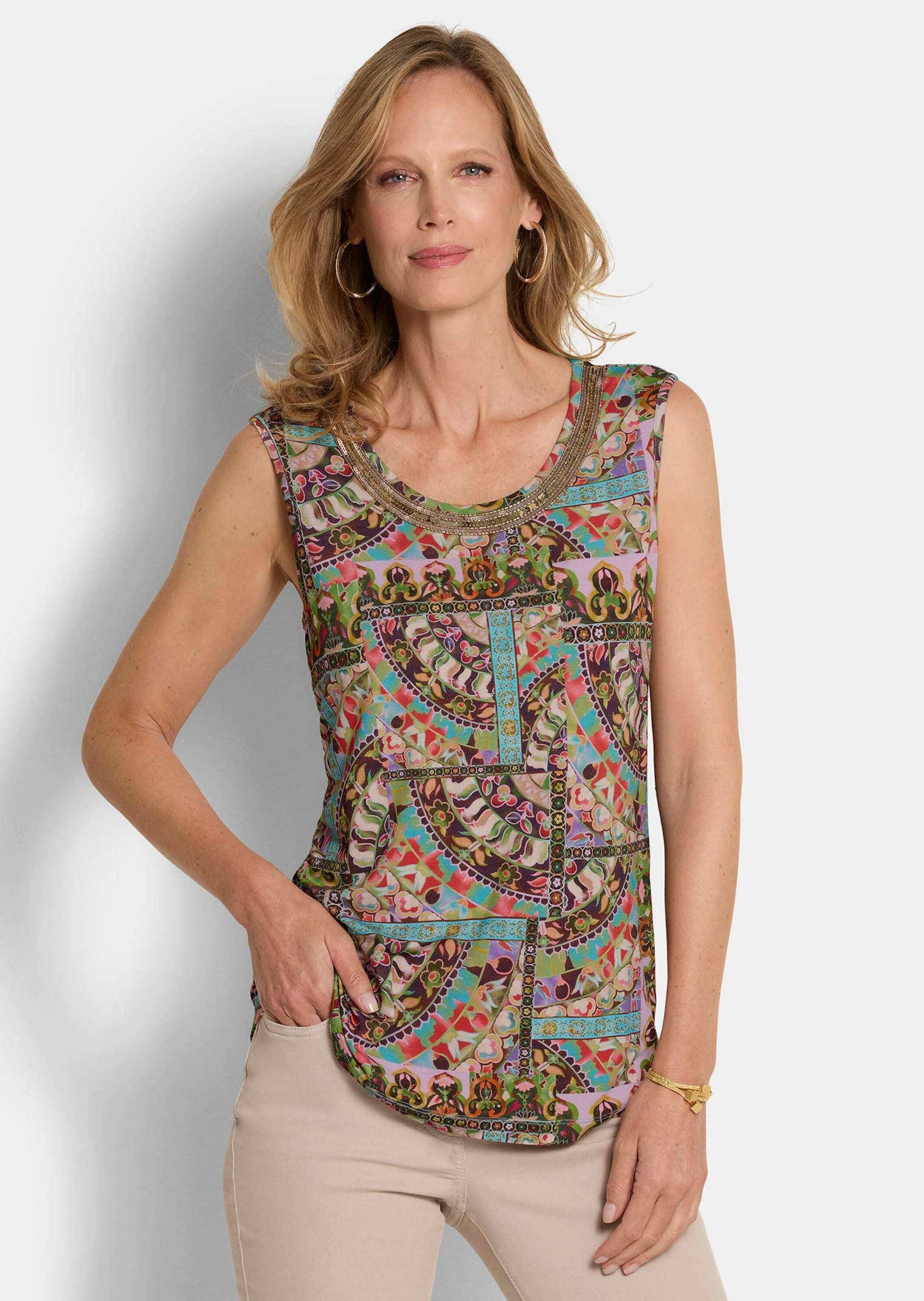 GOLDNER Shirttop Viskoseshirt mit Muster-Mix Stretchshirt mit Rundhals, goldenen Pailletten und breiten Trägern