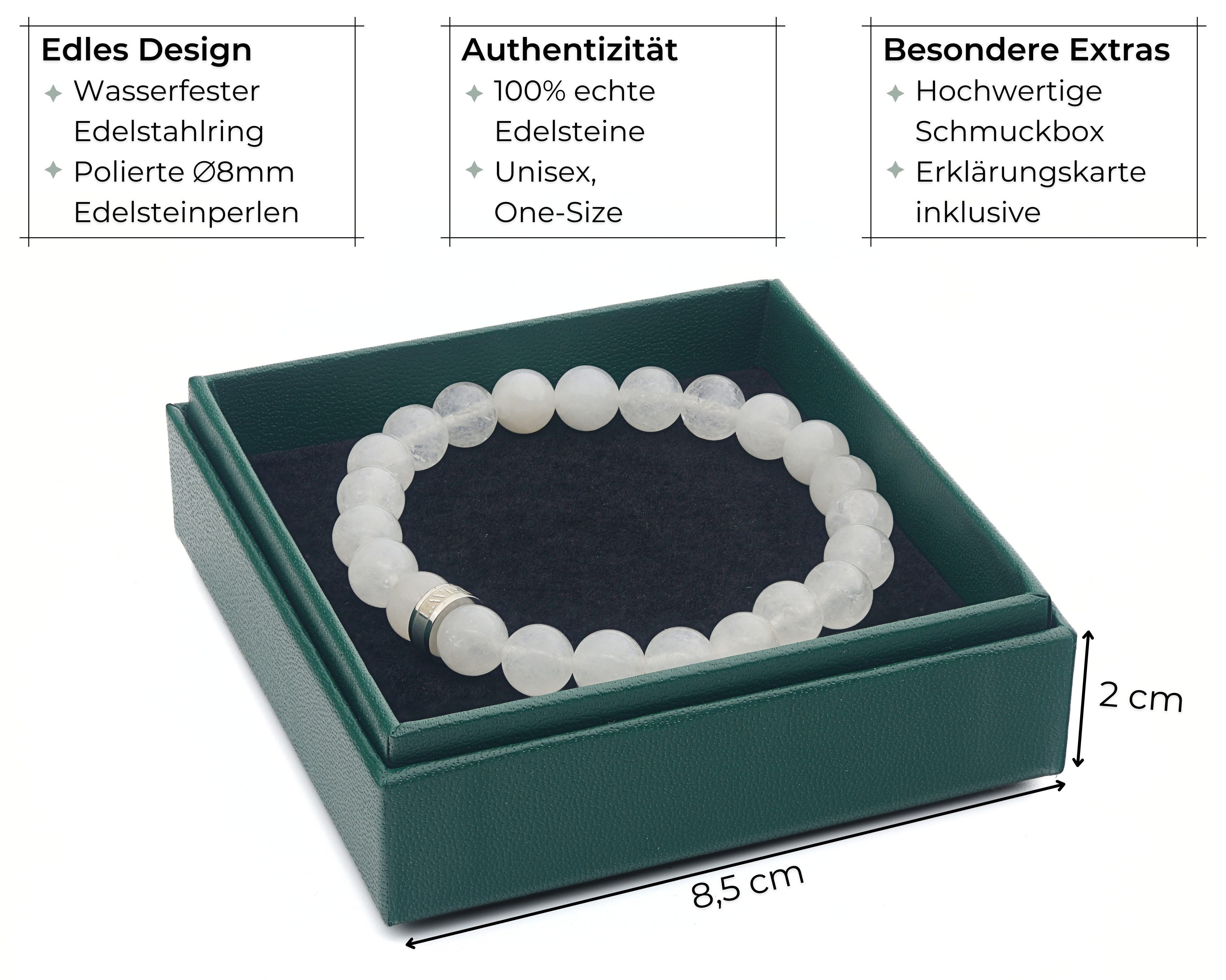 LAVISA Armband Armband Echte 8mm Edelstein Perlen, Kristalle, Onesize, Echte Edelsteine, Rostfreies Edelstahl, Wasserfest