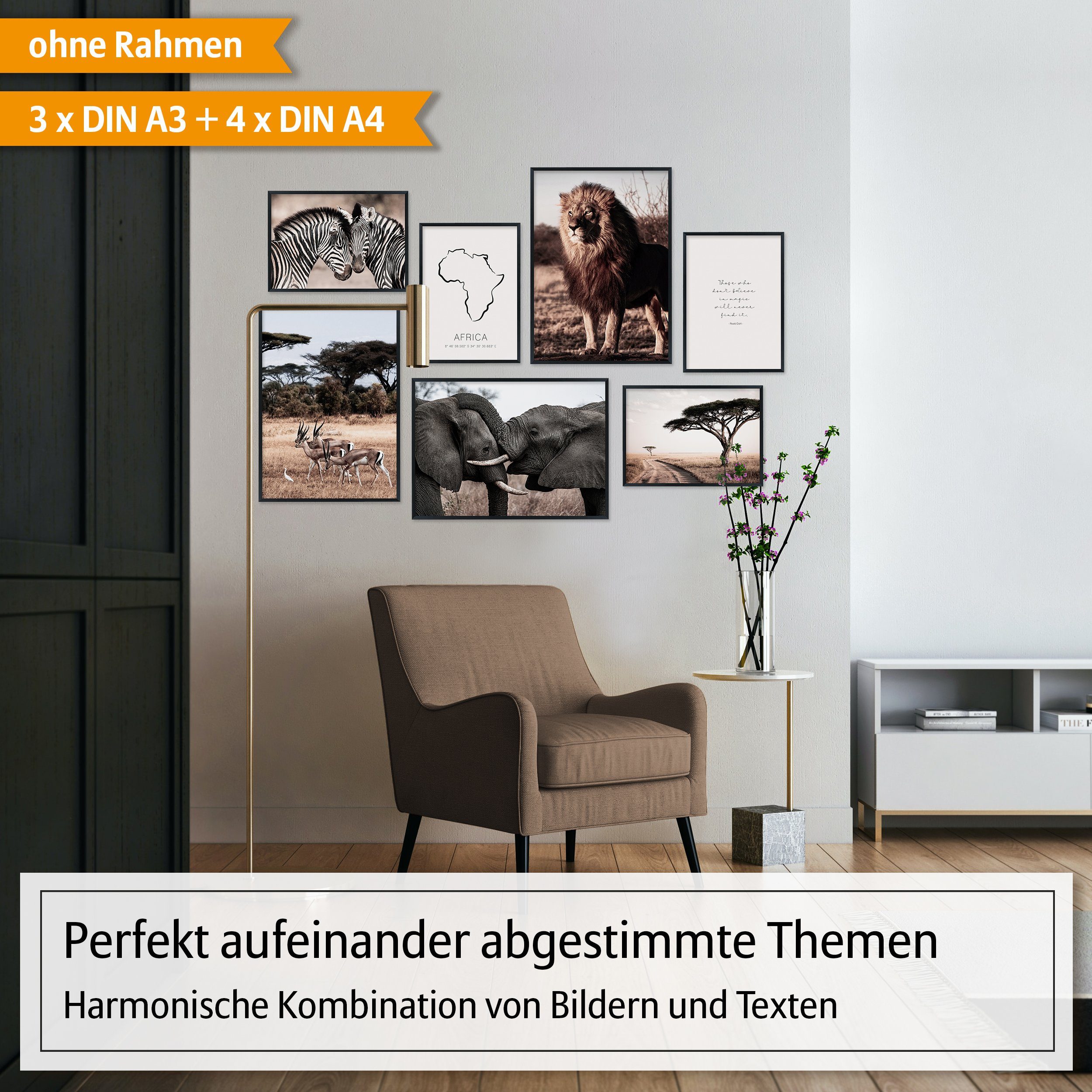 Hyggelig Home Poster Tiere Afrikas, Premium Poster Set OHNE & MIT Rahmen, W günstig online kaufen