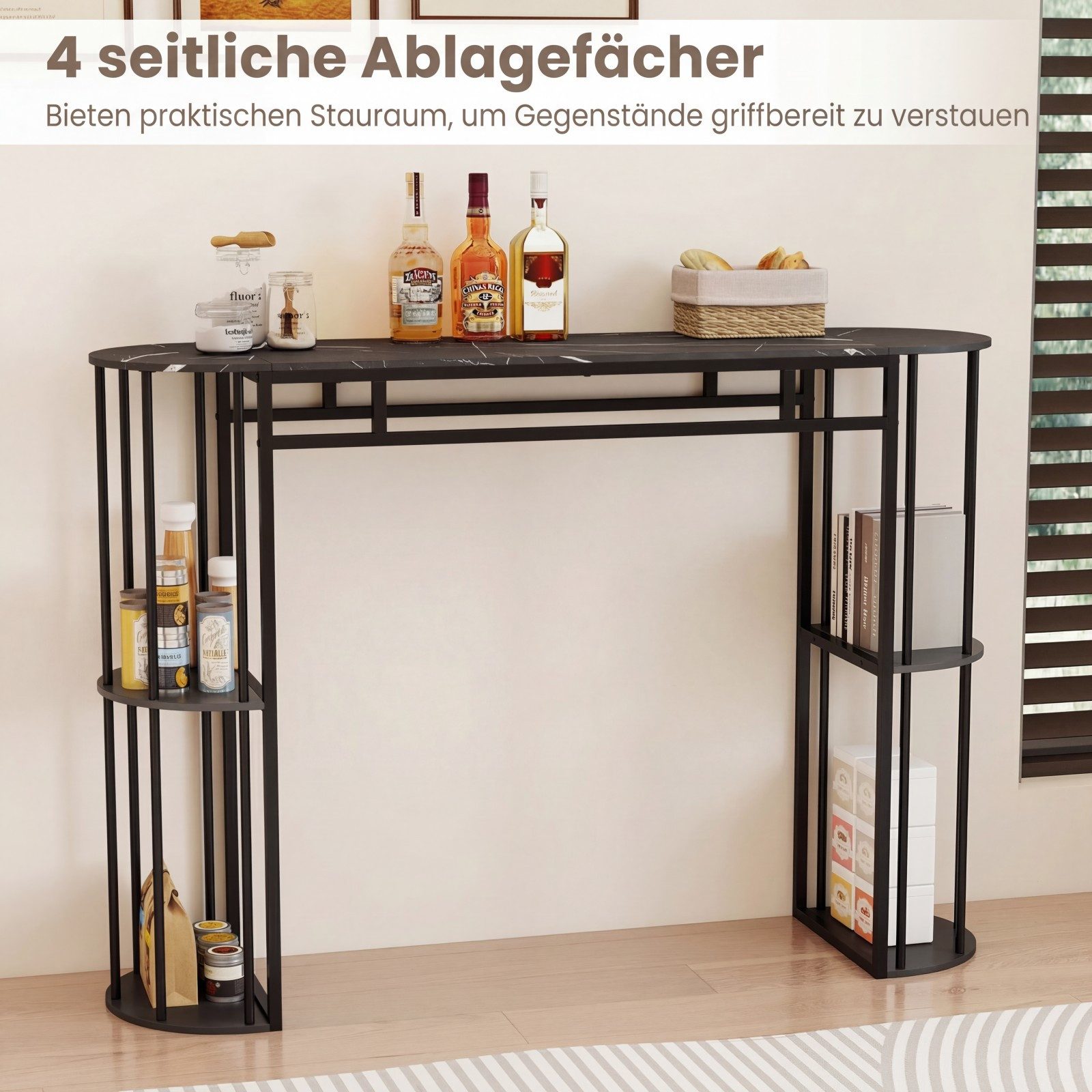 KOMFOTTEU Bartisch, schmaler Küchentheke mit 4 halbrunde Regale & Metallrahmen