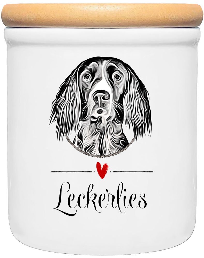 Cadouri Vorratsdose MÜNSTERLÄNDER - Leckerlidose Hund - für Hundekekse, Keramik, (Leckerlidose mit Hunderasse, 2-tlg., 1x Keramikdose mit Holzdeckel), Hundekeksdose, handgefertigt in Deutschland, für Hundebesitzer, 400 ml