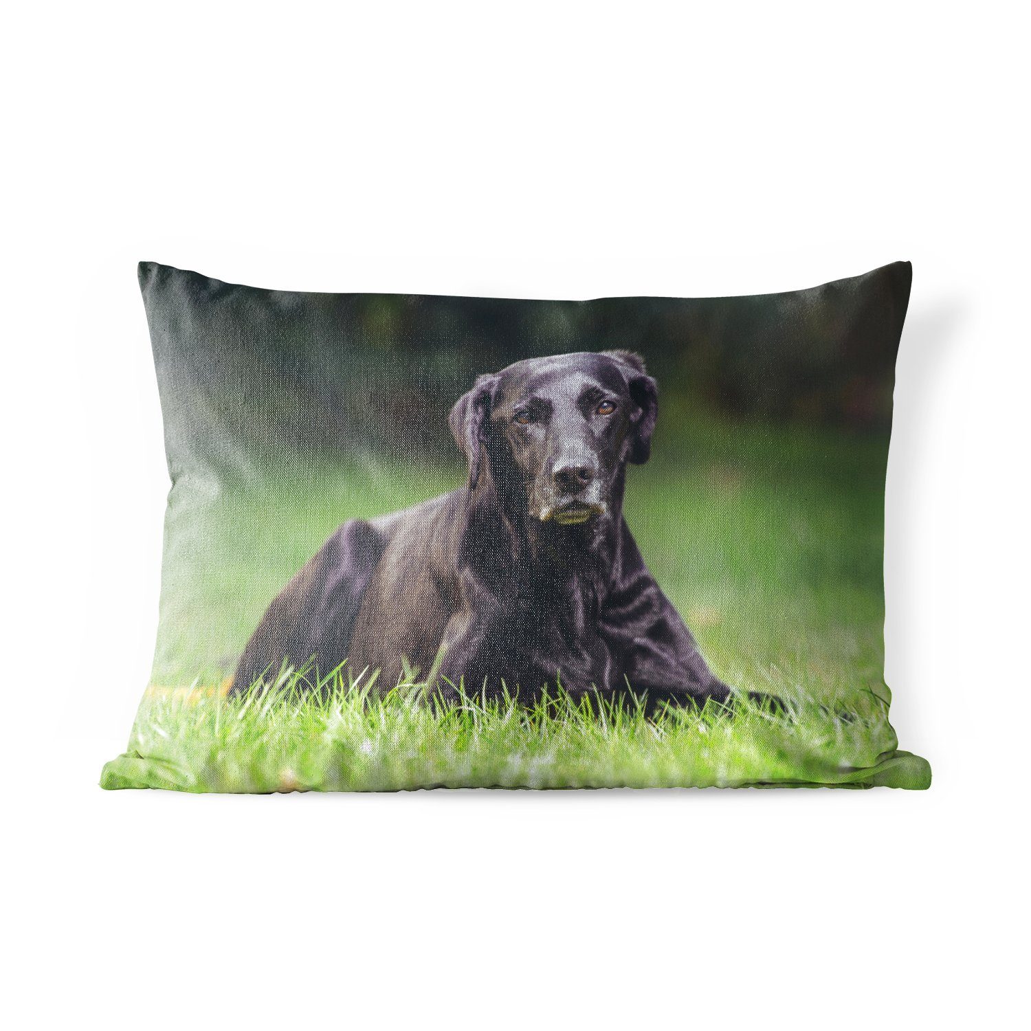 MuchoWow Dekokissen Ein schwarzer Labrador im Gras, Outdoor-Dekorationskissen, Polyester, Dekokissenbezug, Kissenhülle