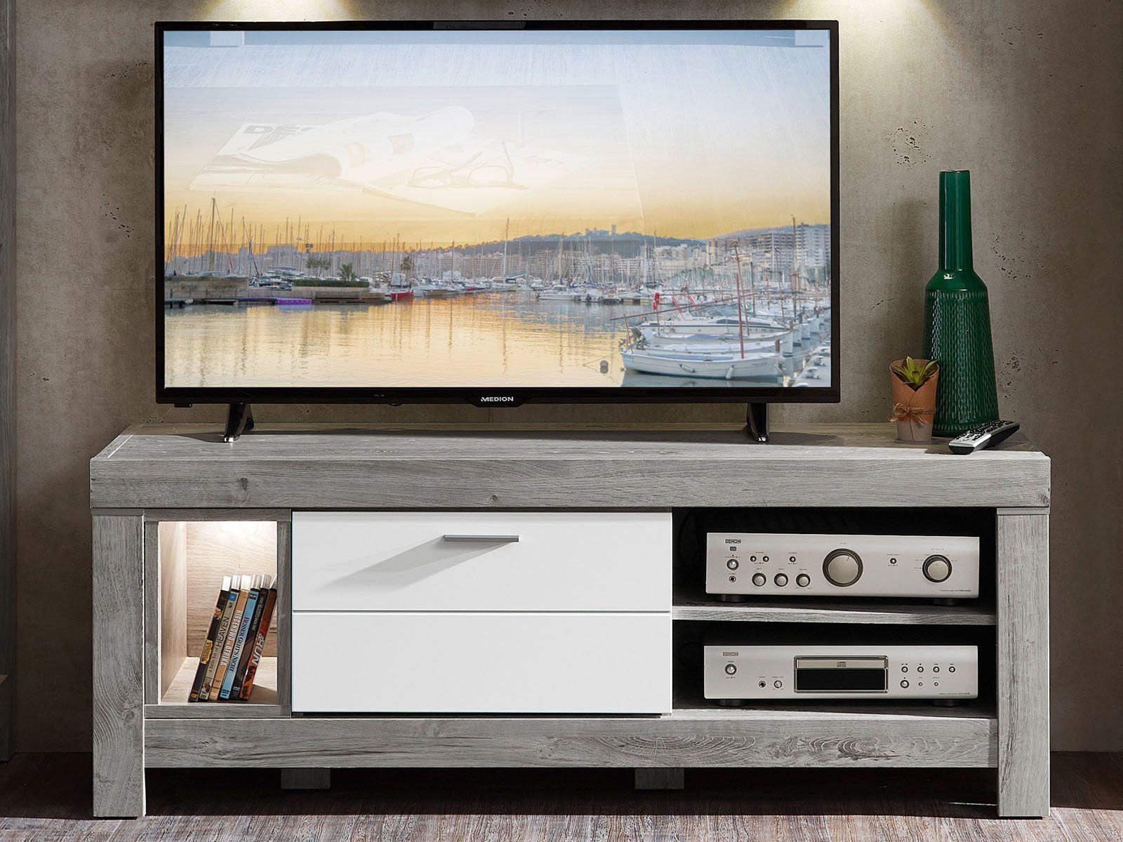 Laminat Moderne Nachbildung Tiefe Wandboard, möbelando Wohnwand aus Höhe Haveleiche Weiß Highboard, 1 47 Stellmaß breiten Breite Lack 1 Highboard, TV-Lowboard 1 ca. bestehend aus 160 cm, und LED-Beleuchtung. 364 schmalen Wohnwand cm inkl. in cm, Gravesend, 1 supermatt, aus MDF / Spanplatte, Korpus Front