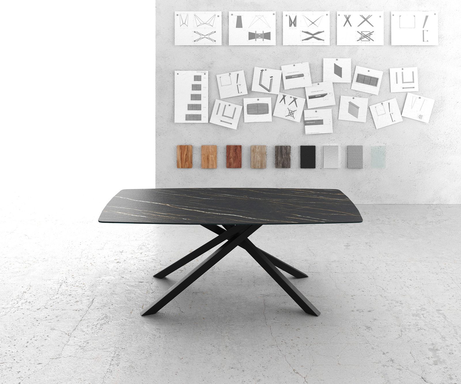 DELIFE Esstisch Edge, Bootsform Keramik Laminam®Noir Desir Braun 200x100cm Mittelfuß Kreuz S