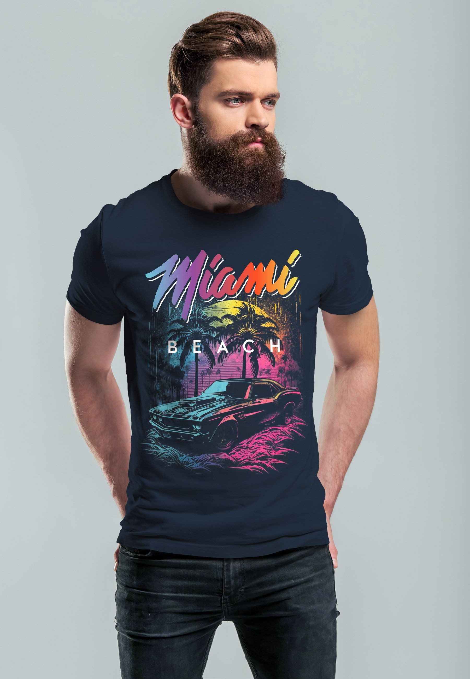 Neverless Print-Shirt Herren T-Shirt Miami Beach günstig online kaufen