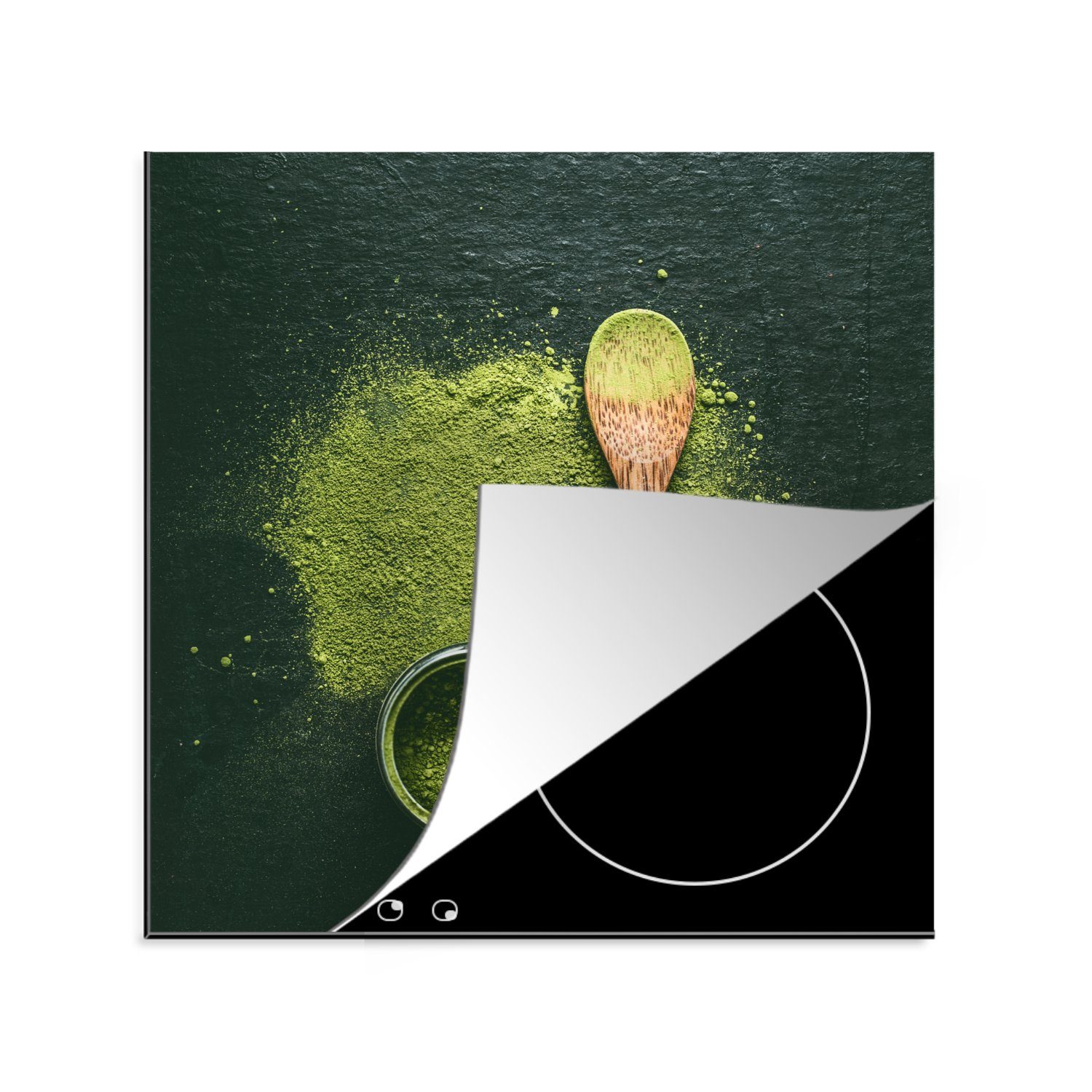 MuchoWow Herdblende-/Abdeckplatte Grünes Matcha-Pulver auf grünem Hintergrund, Vinyl, (1 tlg), 78x78 cm, Ceranfeldabdeckung, Arbeitsplatte für küche