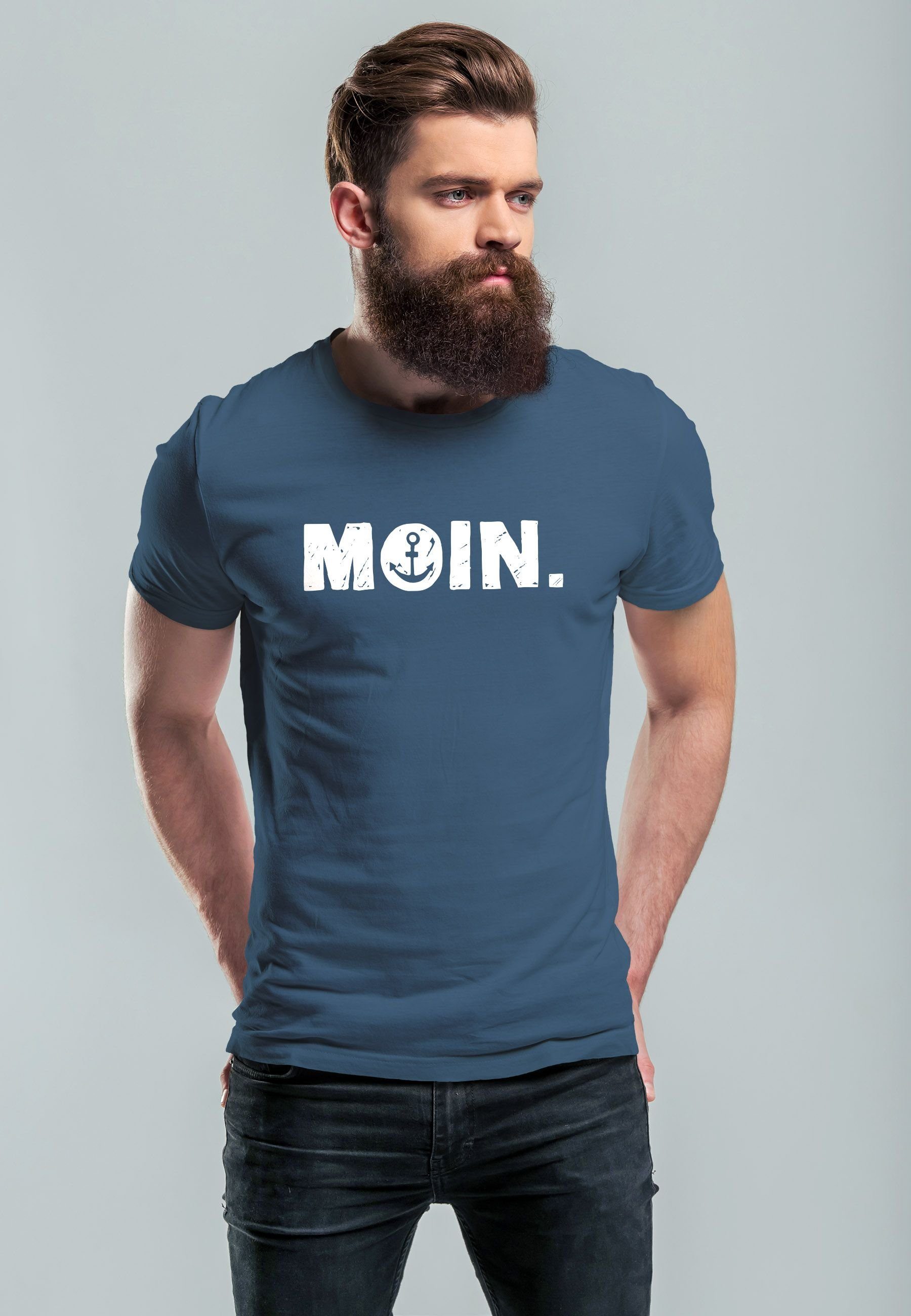 Print-Shirt Moin Print Dialekt Fash Neverless T-Shirt blue mit Herren Print Schriftzug denim Hamburg Anker Norden