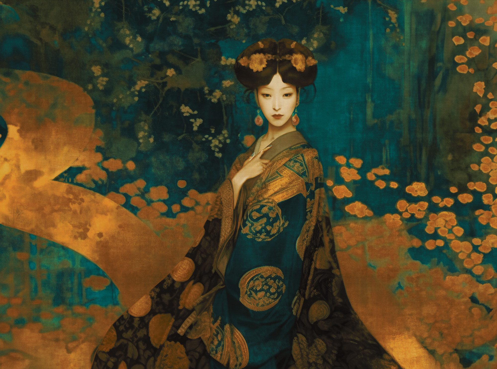 living walls Fototapete The Wall 4 Eyecatcher – Asiatisches Frauenporträt Vlies-Fototapete, leicht strukturiert, floral, matt, botanisch, (1 St), Asiatisches Frauenporträt mit ausdrucksstarker Wirkung