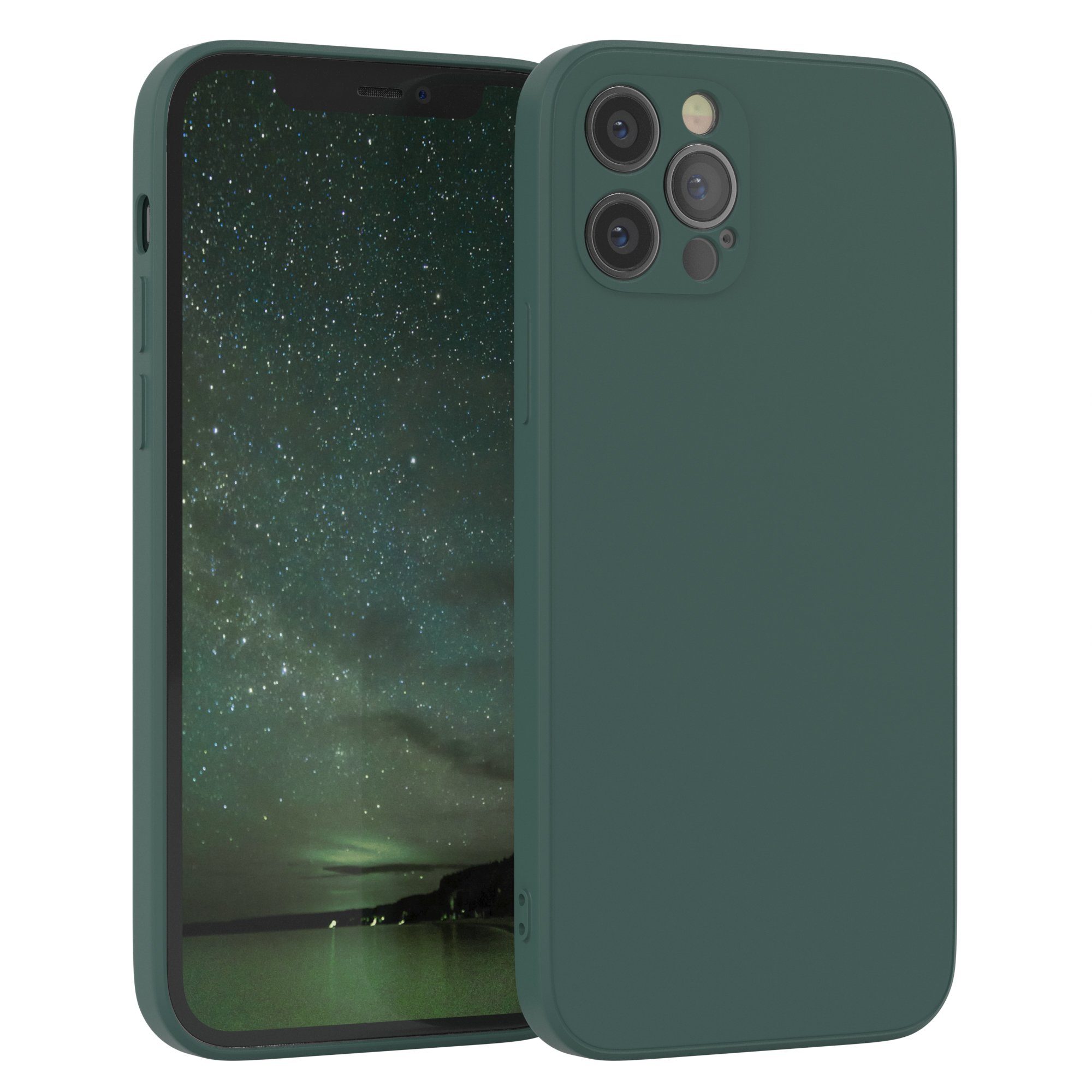 EAZY CASE Handyhülle für Apple iPhone 12 Pro Hülle Silikon 6,1 Zoll, Silikon Schutzhülle mit Kameraschutz kratzfest bumper Grün / Nachtgrün