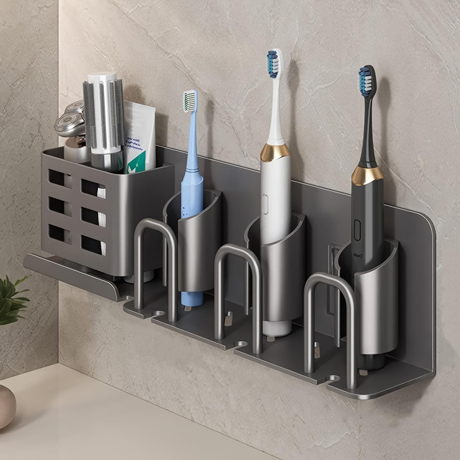 BlingBin Zahnbürstenhalter Elektrischer Zahnbürstenhalter aus Aluminium, Badezimmer-Wandmontage, (1er set, 1-St., 35 * 6,5 * 9,5 cm), Zahnbürstenhalter, Хранилищаsregal, Becherhalter (3 Fächer)