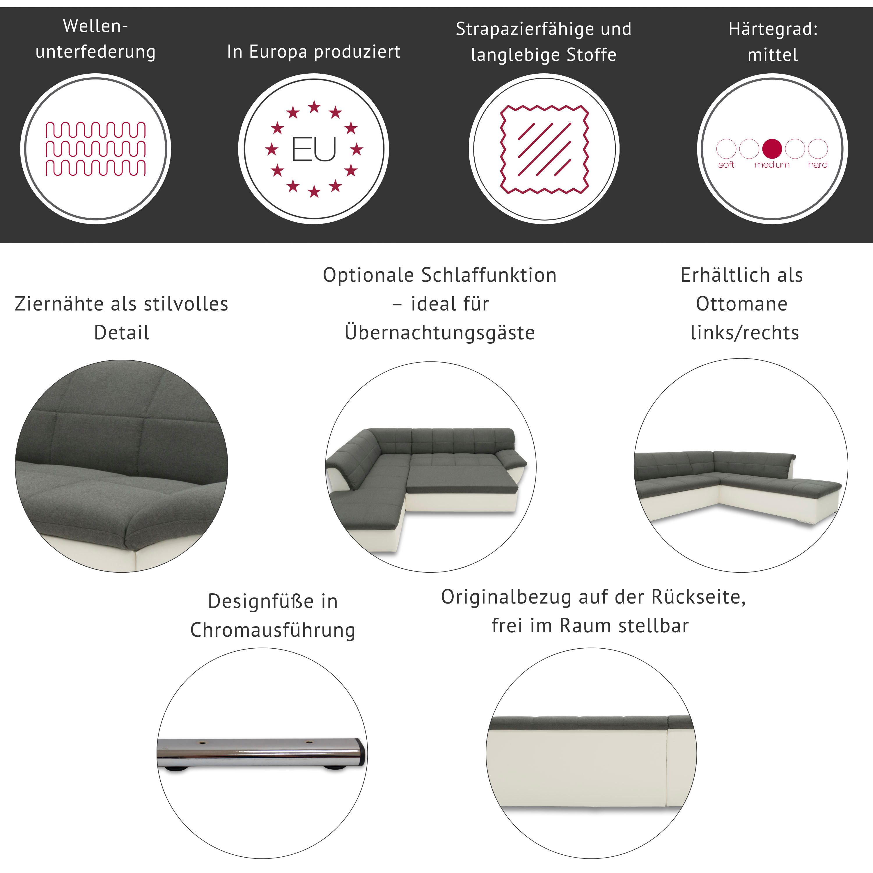 DOMO collection Ecksofa Splash, aktuelle Sitz- und Rückensteppung, Materialmix, L-Form, wahlweise mit Bettfunktion