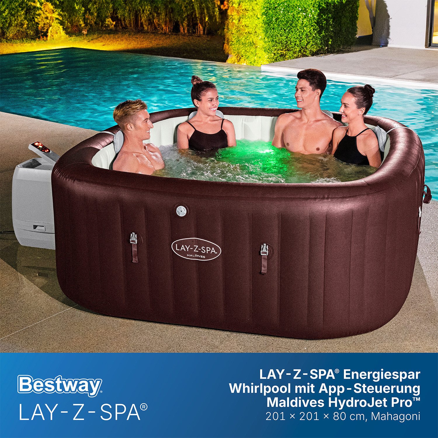 Bestway Whirlpool LAY-Z-SPA Maldives HydroJet Pro, Aufstellbecken, (Set, Inkl. App-Steuerung, für max. 7 Personen), 201 x 201 x 80 cm
