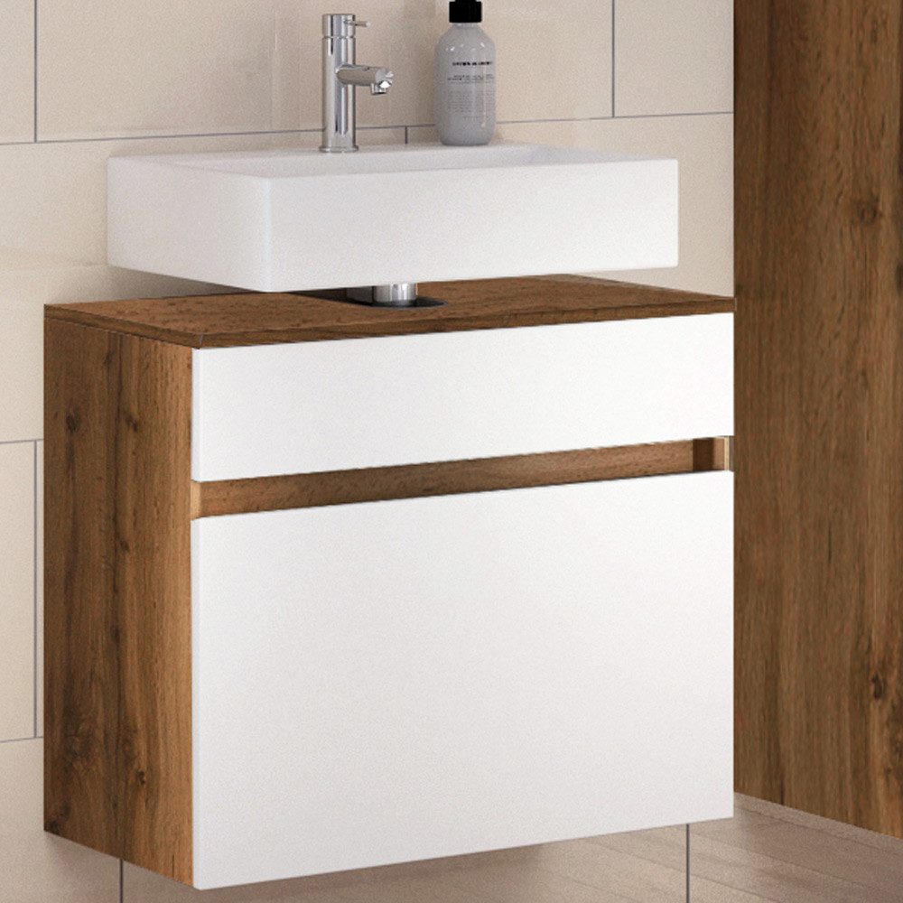 Lomadox Waschbeckenschrank LOUROSA-03 mit Auszug in Wotaneiche Nb. mit matt weiß, B/H/T: ca. 60/55/35 cm