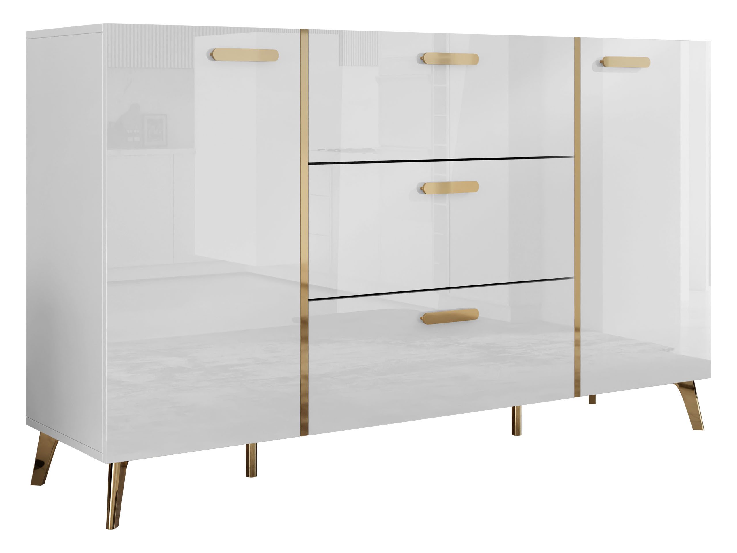 MIRJAN24 Kommode Picru 150 2D3SZ (mit zwei Drehtüren und drei Schubladen), Griffe und Füße in der Farbe Gold
