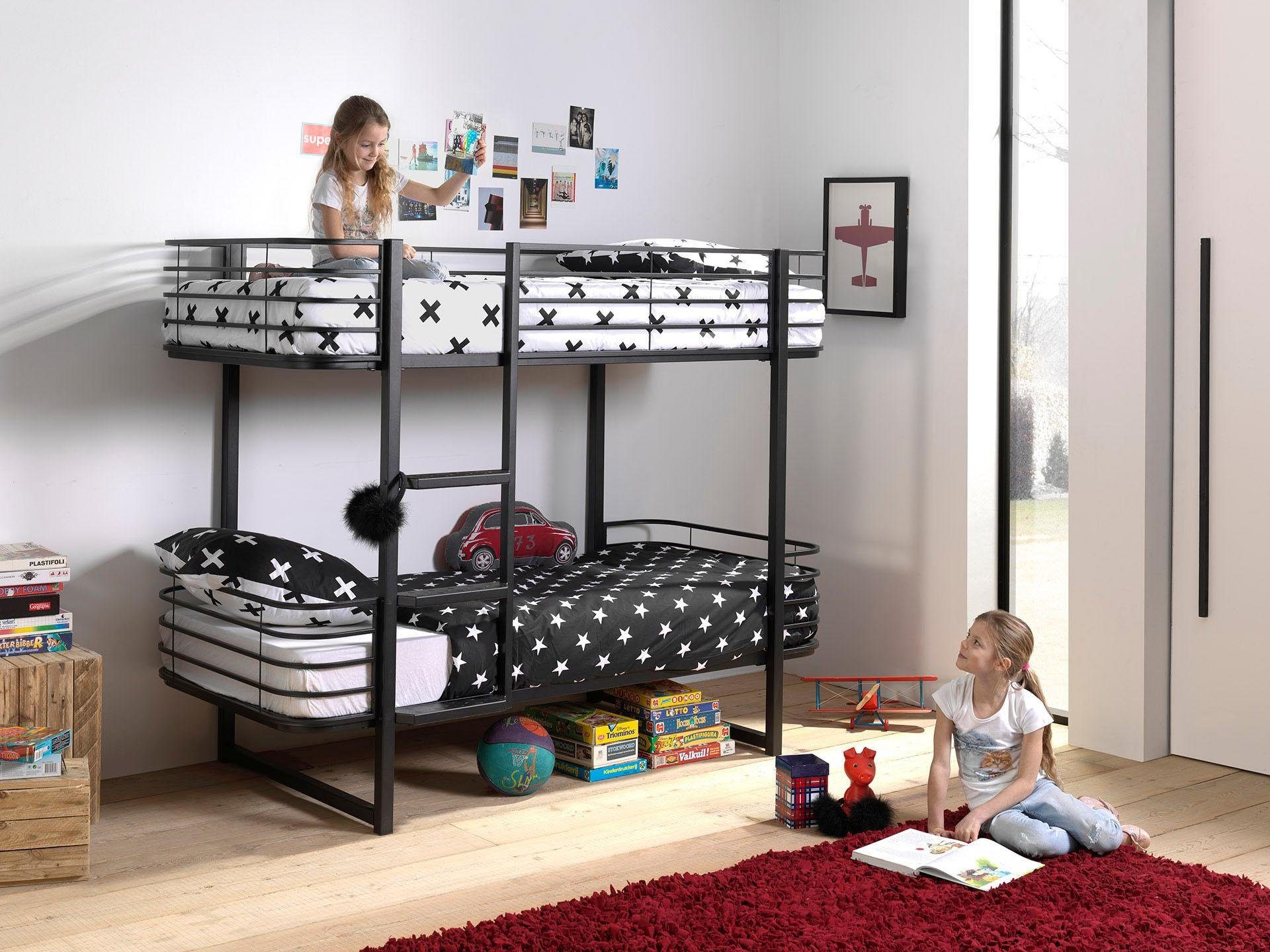 Vipack Etagenbett Oscar, Metallbett mit 2 Liegeflächen 90/200, stabil und standfest (B/H/T ca. 205x166x99cm, pulverbeschichtet wahlweise in 2 Farben), mit Metallrost, Absturzschutz, Leiter, gerundete Kopf- und Fußteile