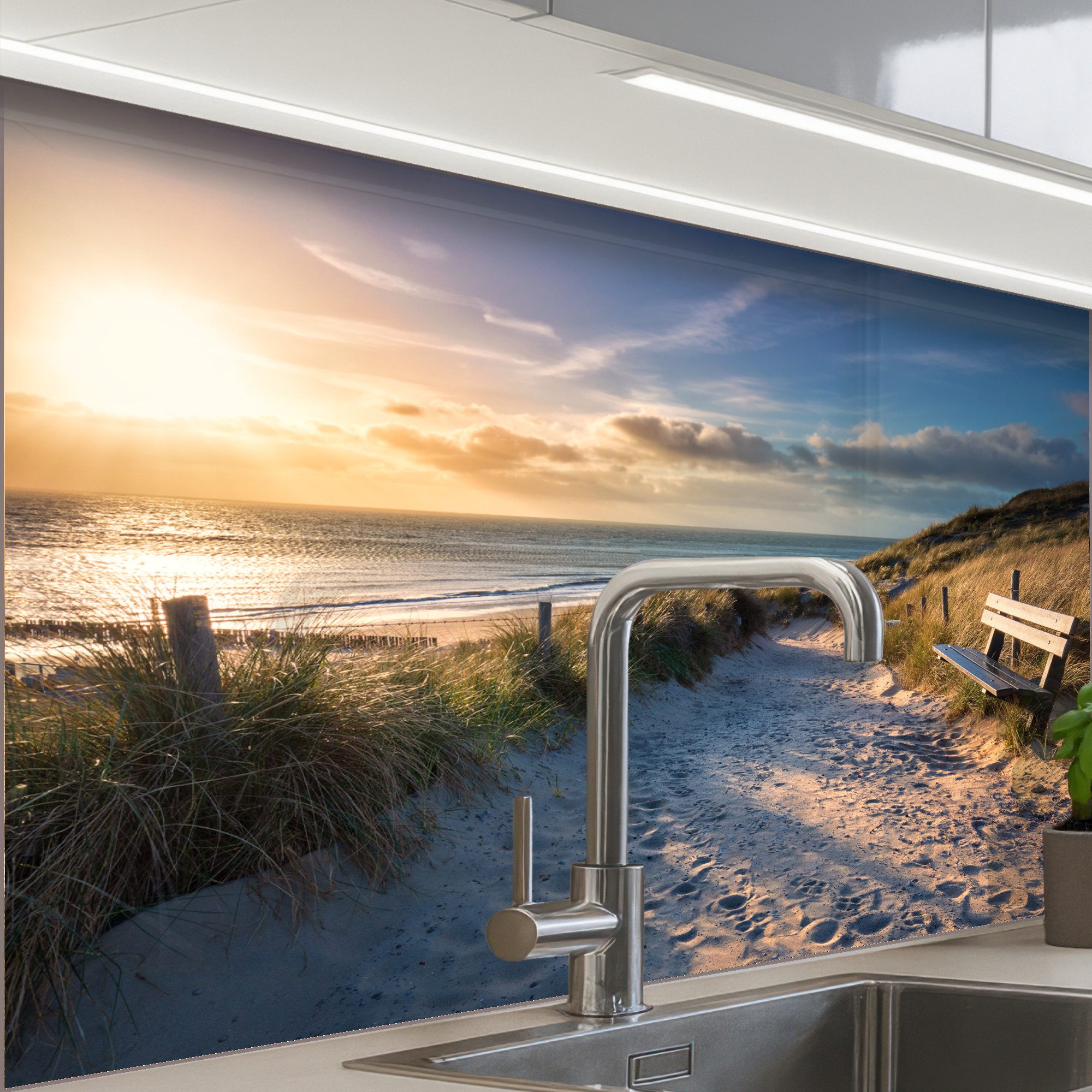 KitchenYeah Küchenrückwand selbstklebend Sonnenuntergang - Strand - Düne - günstig online kaufen