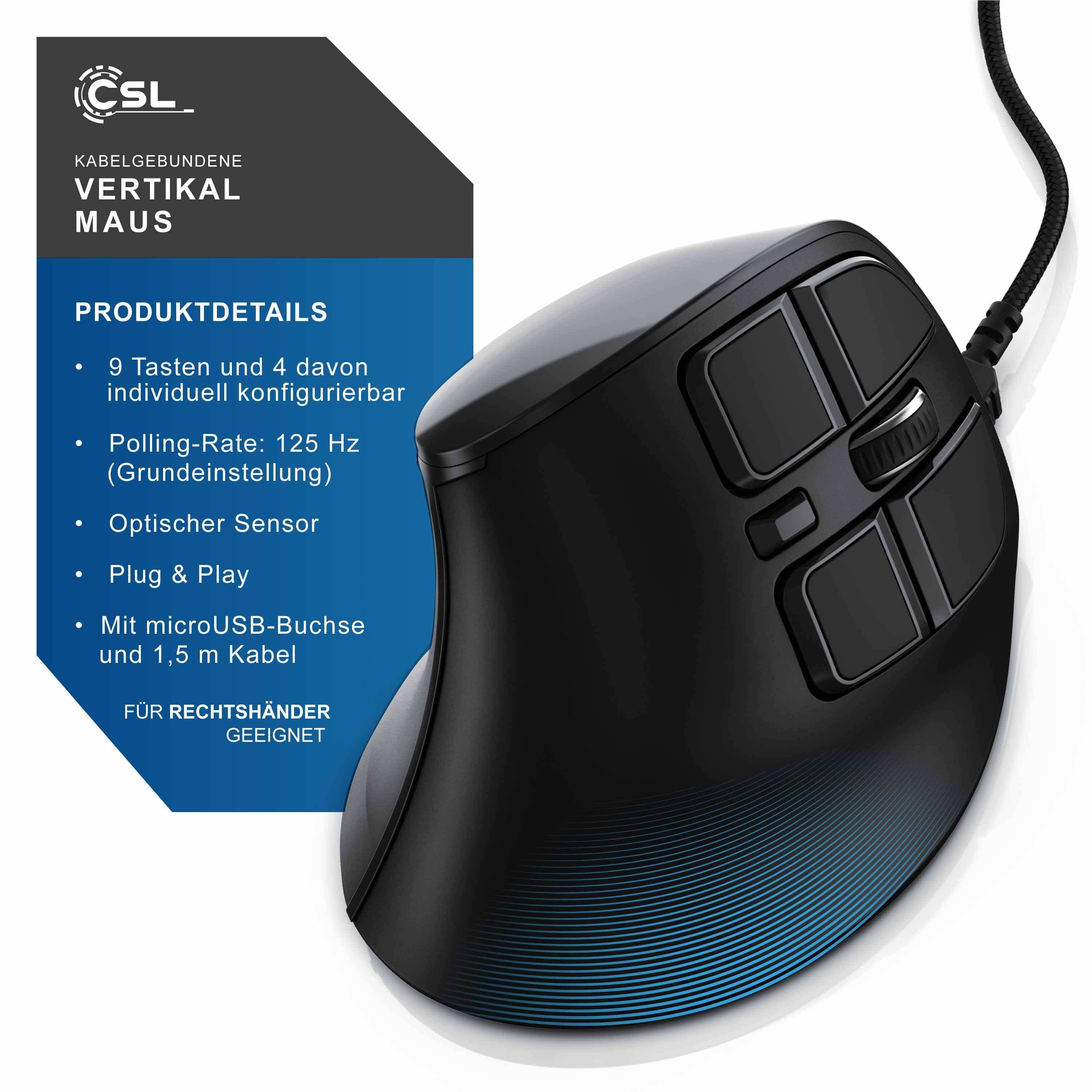 CSL ergonomische Maus (kabelgebunden, 125 dpi, Vertikal Maus kabelgebunden mit OLED-Display Konfigurierbare Tasten)