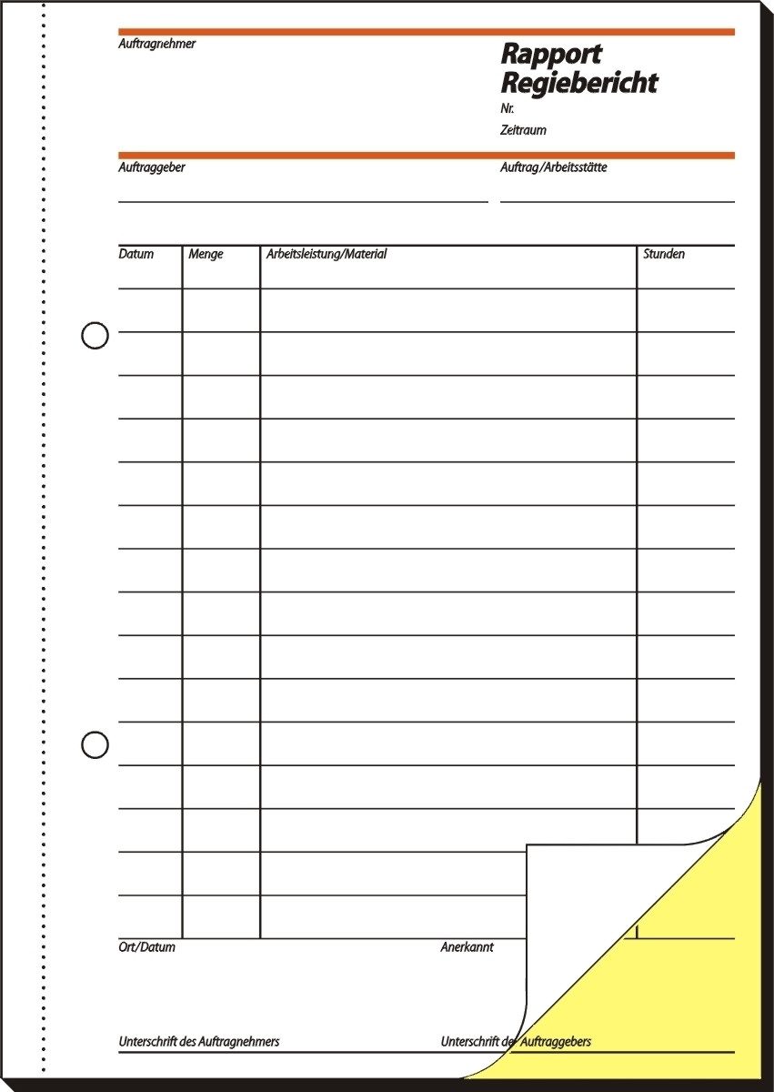 Formularblock Rapport/Regiebericht A5 hoch 56g/qm 1. und 2. Blatt bedruckt selbstdur