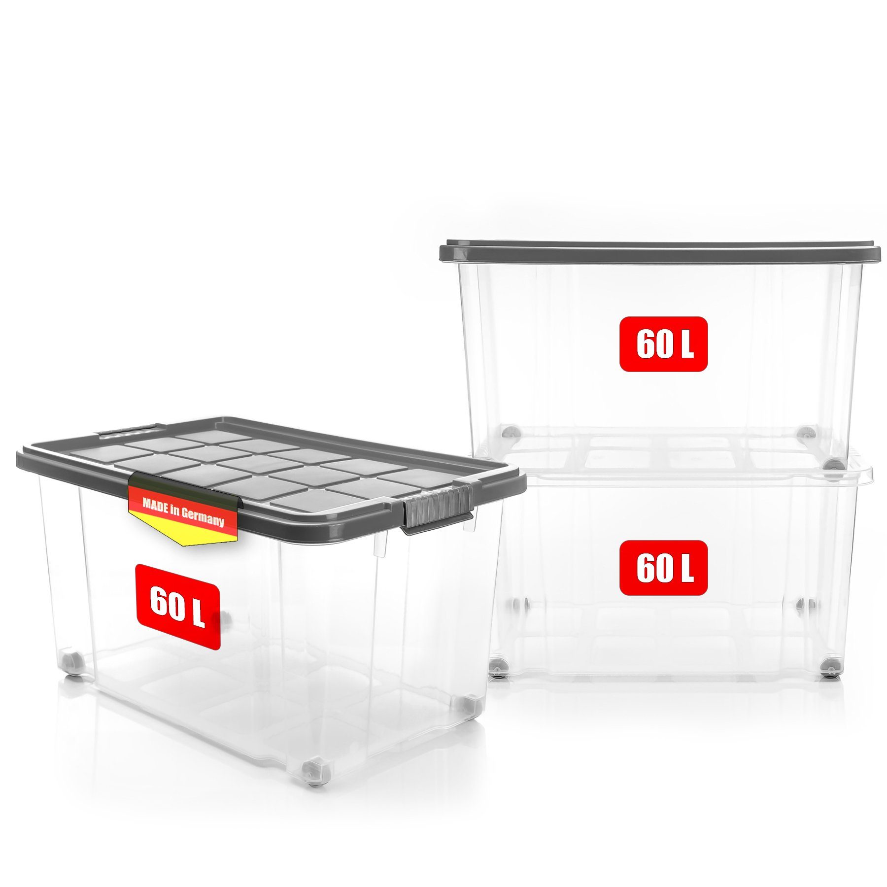 BigDean Aufbewahrungsbox 3x 60 L Aufbewahrungsbox mit Deckel + Rollen stahl günstig online kaufen