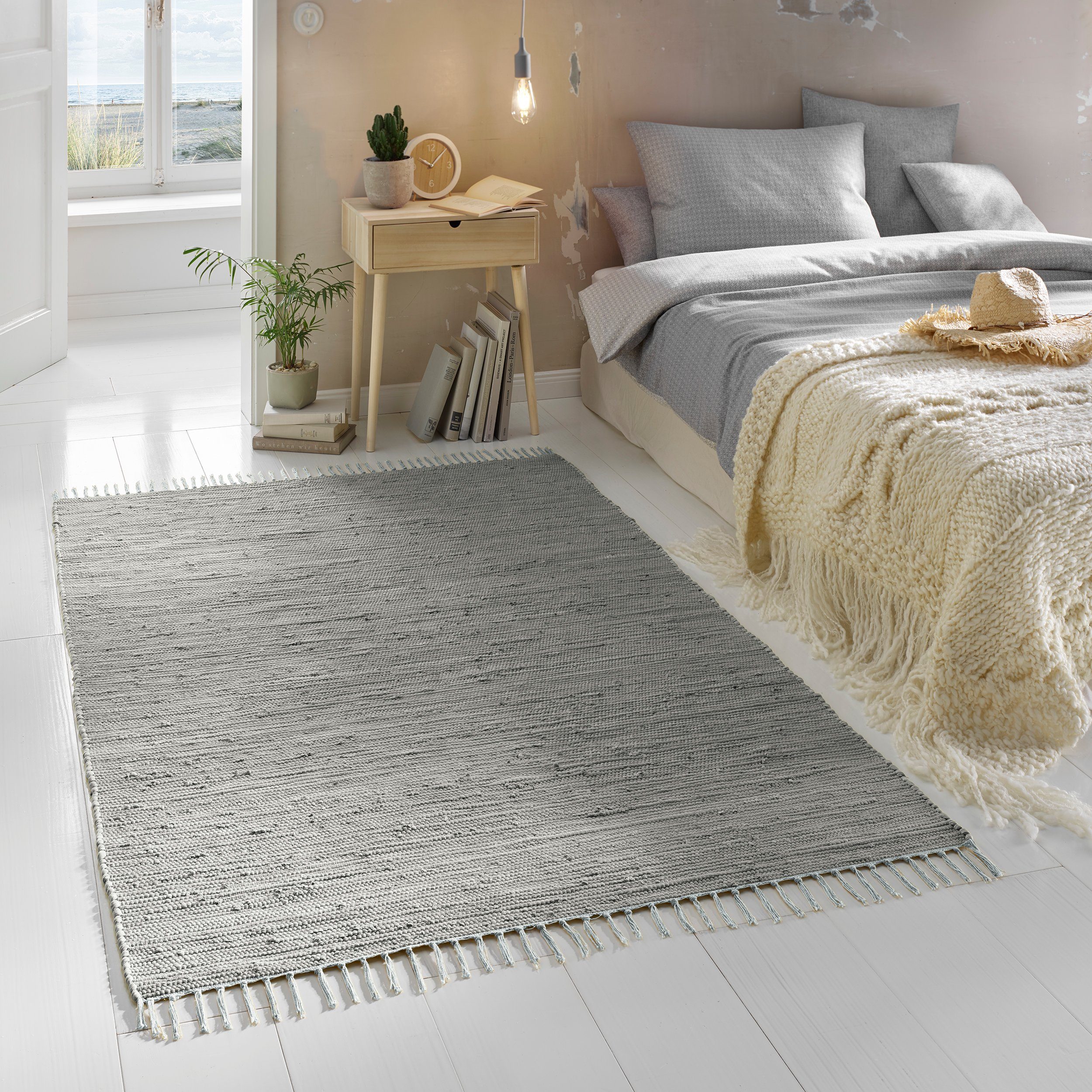 rechteckig, Flur 100% grau 5 Baumwolle, Esszimmer Teppich Höhe: Läufer Home, 060x090cm TaCa Flicken-Teppich Küche Wohnzimmer mm,