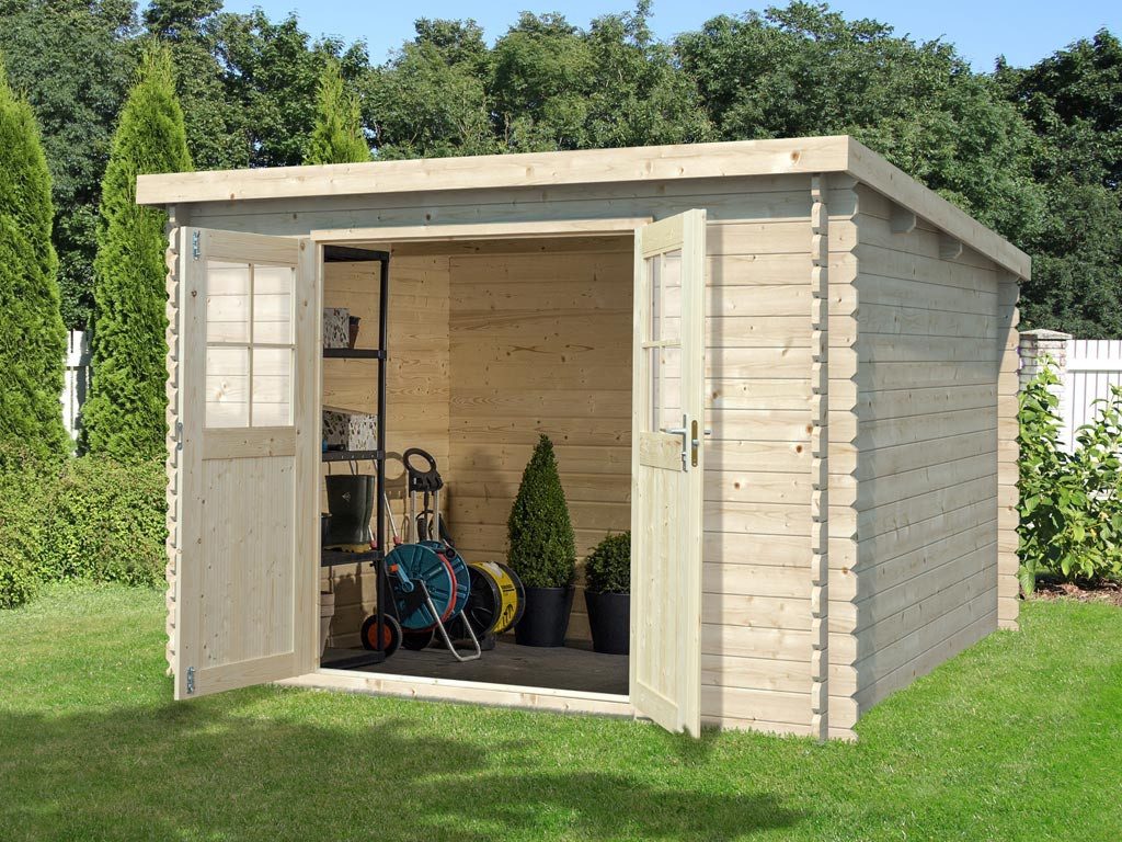 Woodtex Gartenhaus Gartenhaus Blockbohlenhaus CA2975 28 mm naturbelassen, BxT: 298x309 cm, 28 mm Wandstärke, Doppeltür mit Echtglas-Einsätzen