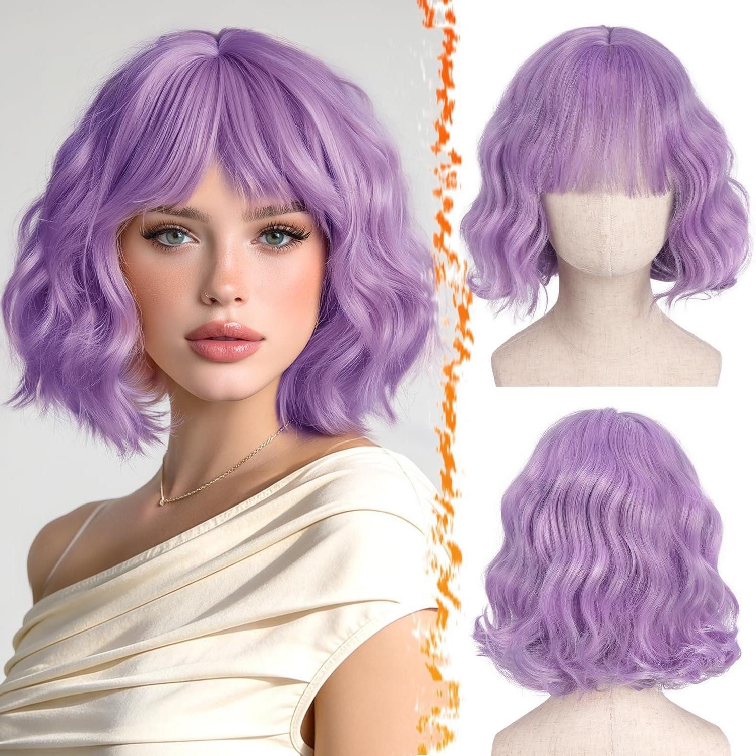 LuxusKollektion Kunsthaarperücke Perücke Damen Kurz Gewellt Synthetisch Bob Pony Lockig Lila 30cm