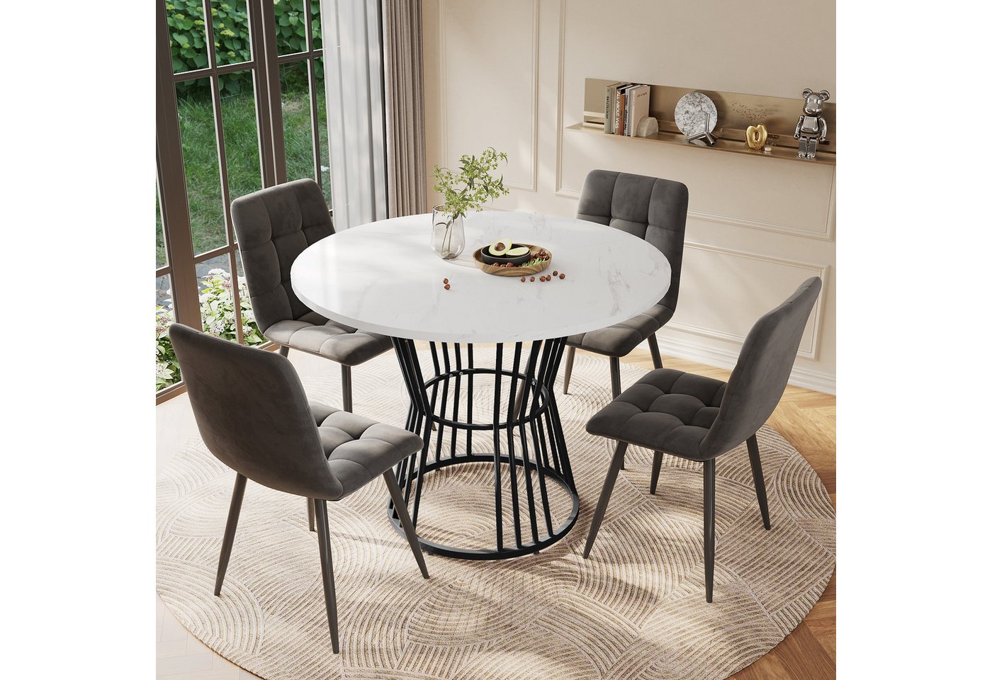 Flieks Esstisch runde Tischplatte in Marmoroptik Weiß (100x75 cm, 1-St., 1 Tisch), Küchentisch Bürotisch Multifunktionstisch, Metallgestell Schwarz