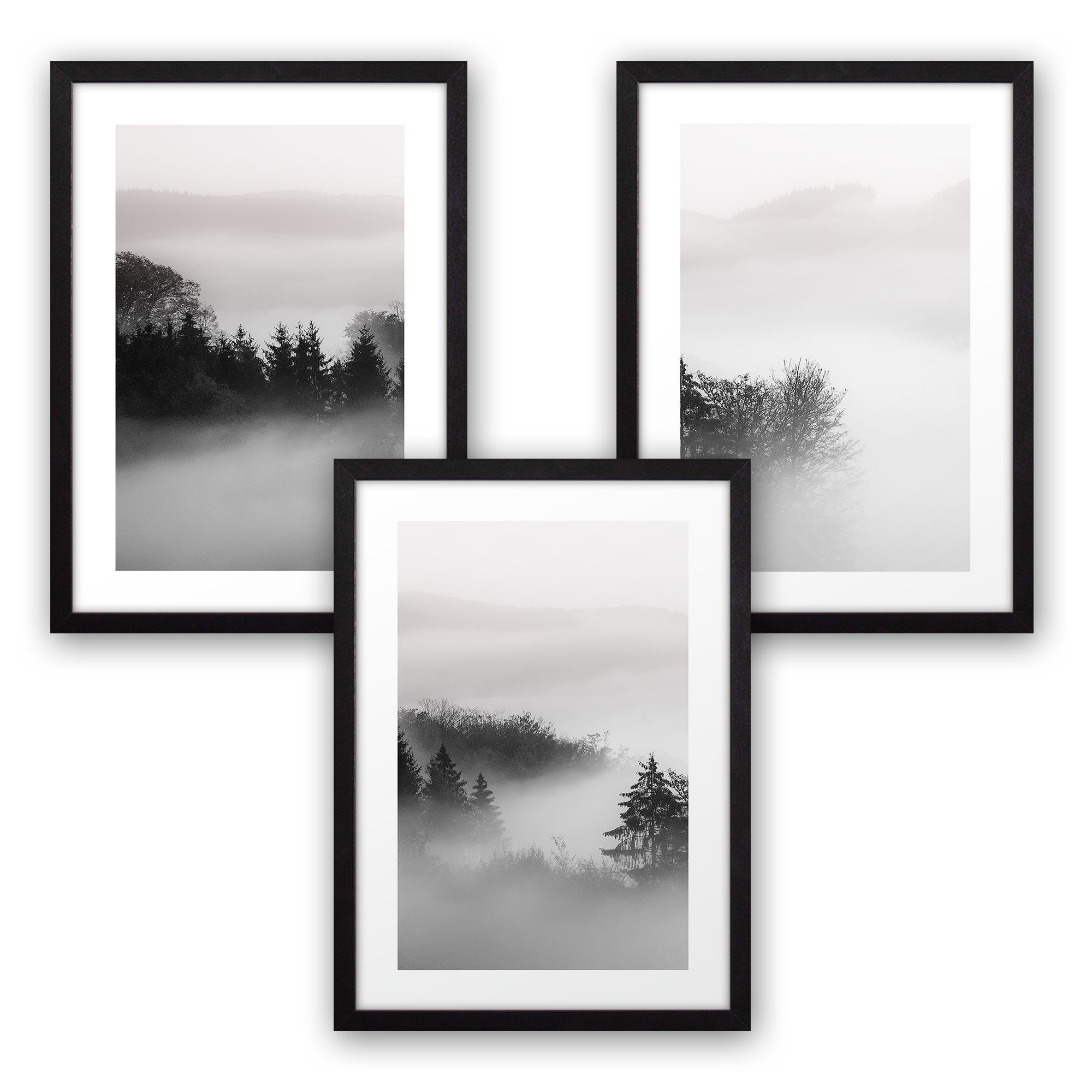 Kreative Feder Poster, Landschaft, Natur, Wald, Nebel, schwarz-weiß (Set, 3 günstig online kaufen