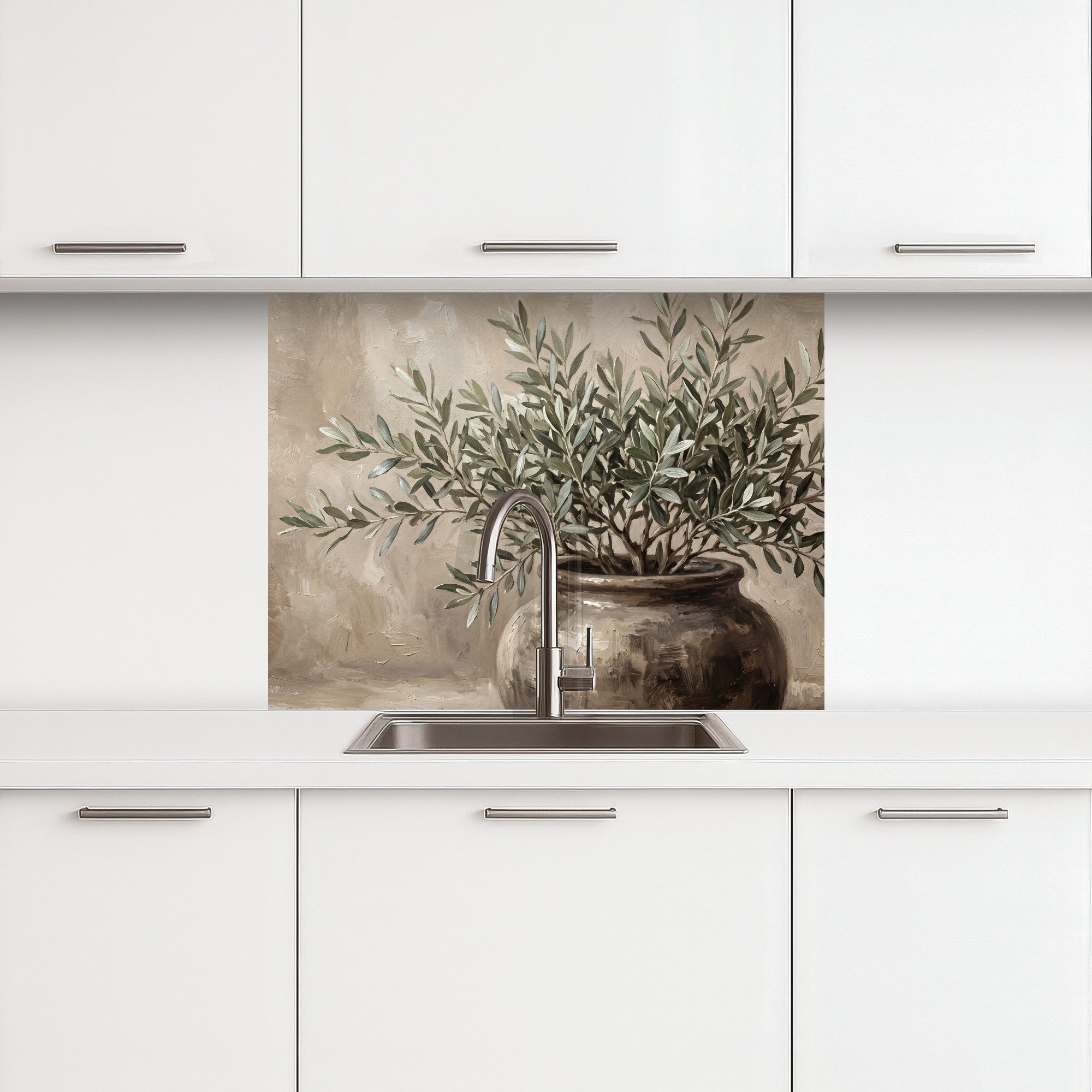 KitchenYeah Küchenrückwand selbstklebend (keine Folie) Olivenpflanze - Tontopf - Abstrakt - Beige, (1-tlg), Spritzschutz, Küche, Rückwand, Küchenwand, Küchenfront, 80x60 cm