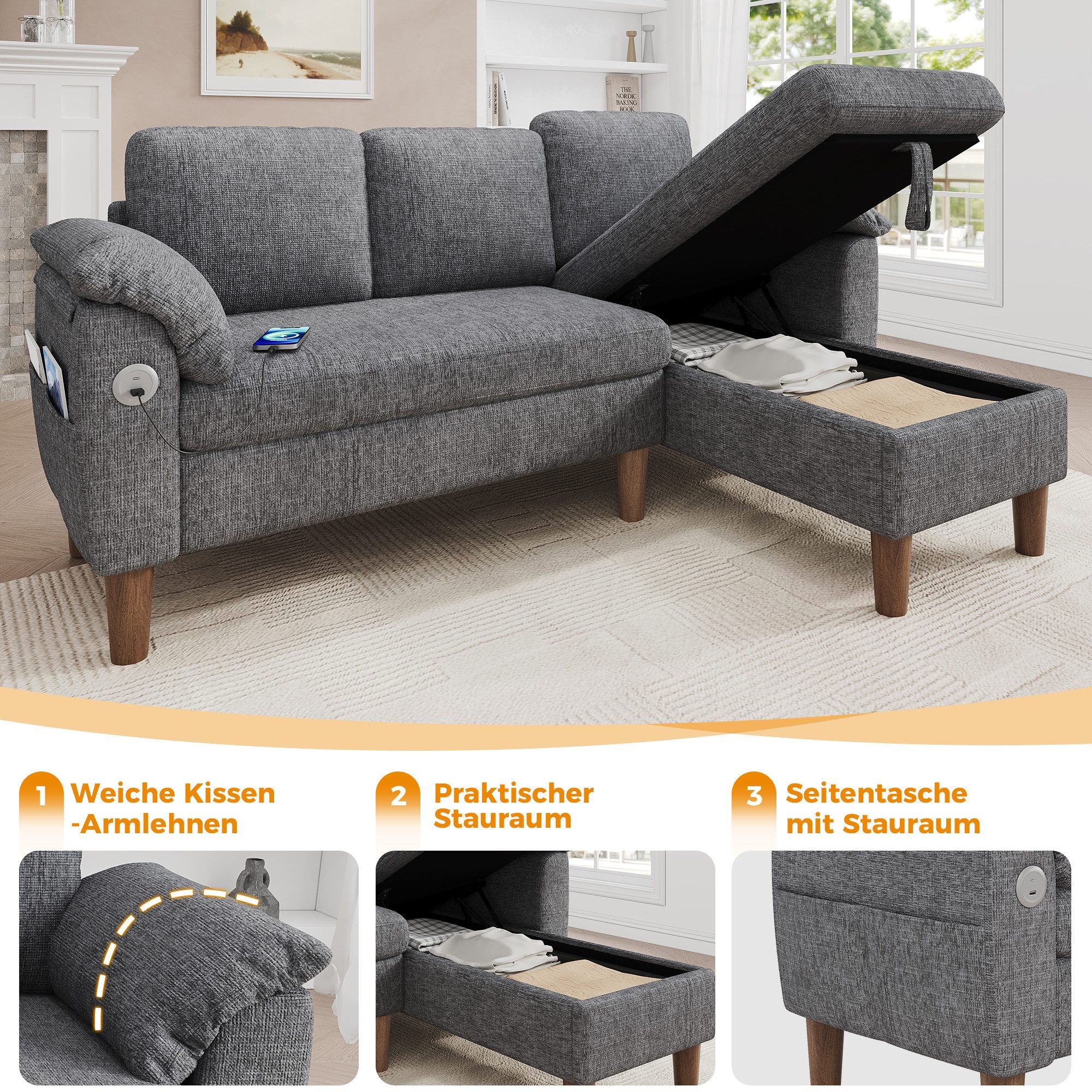 Merax Ecksofa L-förmiges Sofa mit Stauraum-Chaiselongue, links oder rechts montierbar, Couch, Schlafsofa 1 Teile, 3-Sitzer-Sofa mit USB & Type-C Ladeanschluss,  – Bild 4 von 5