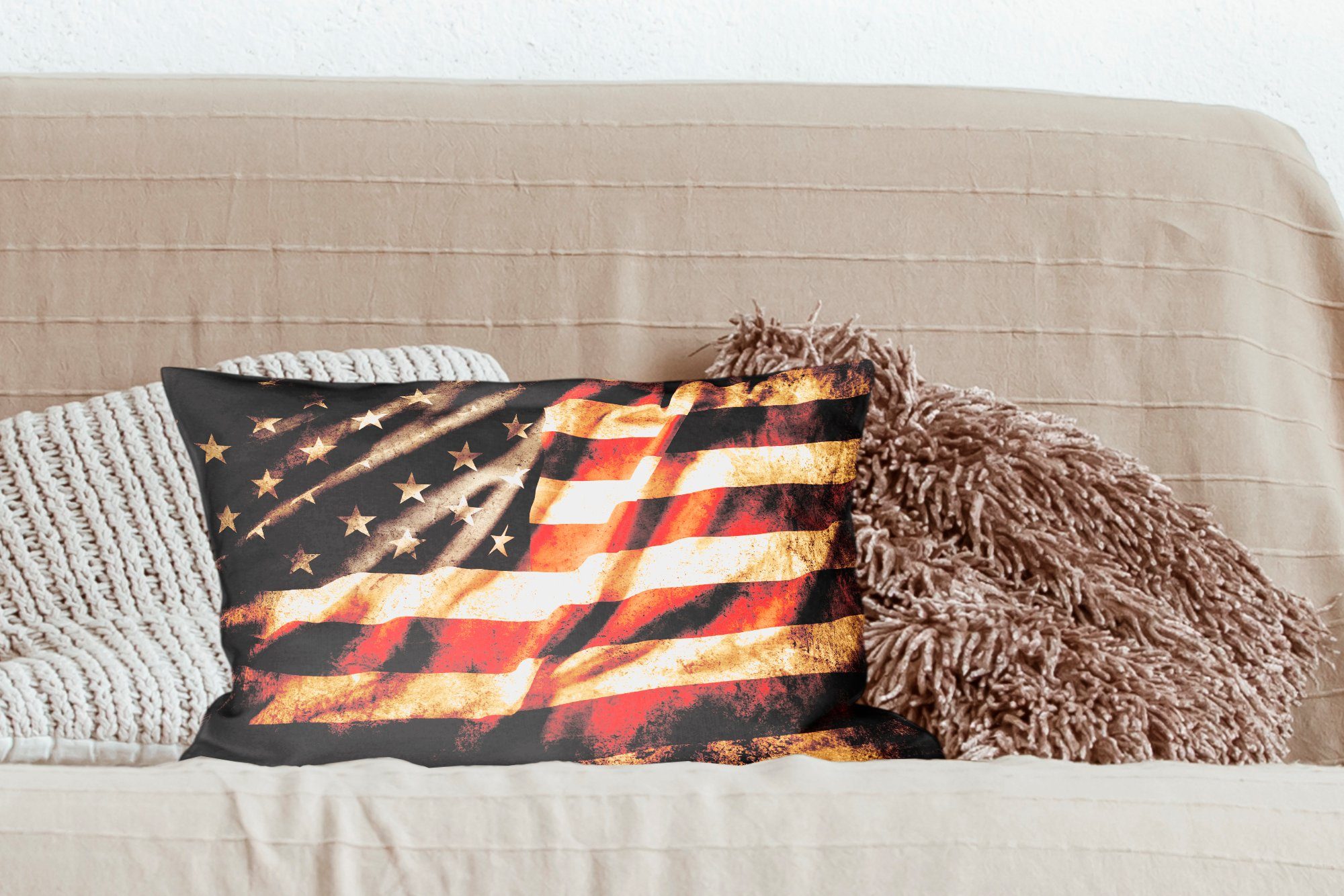 Dekokissen - Wohzimmer MuchoWow Flagge - Licht Füllung, Vintage - Amerika, mit Dekoration, Schlafzimmer Dekokissen Zierkissen,