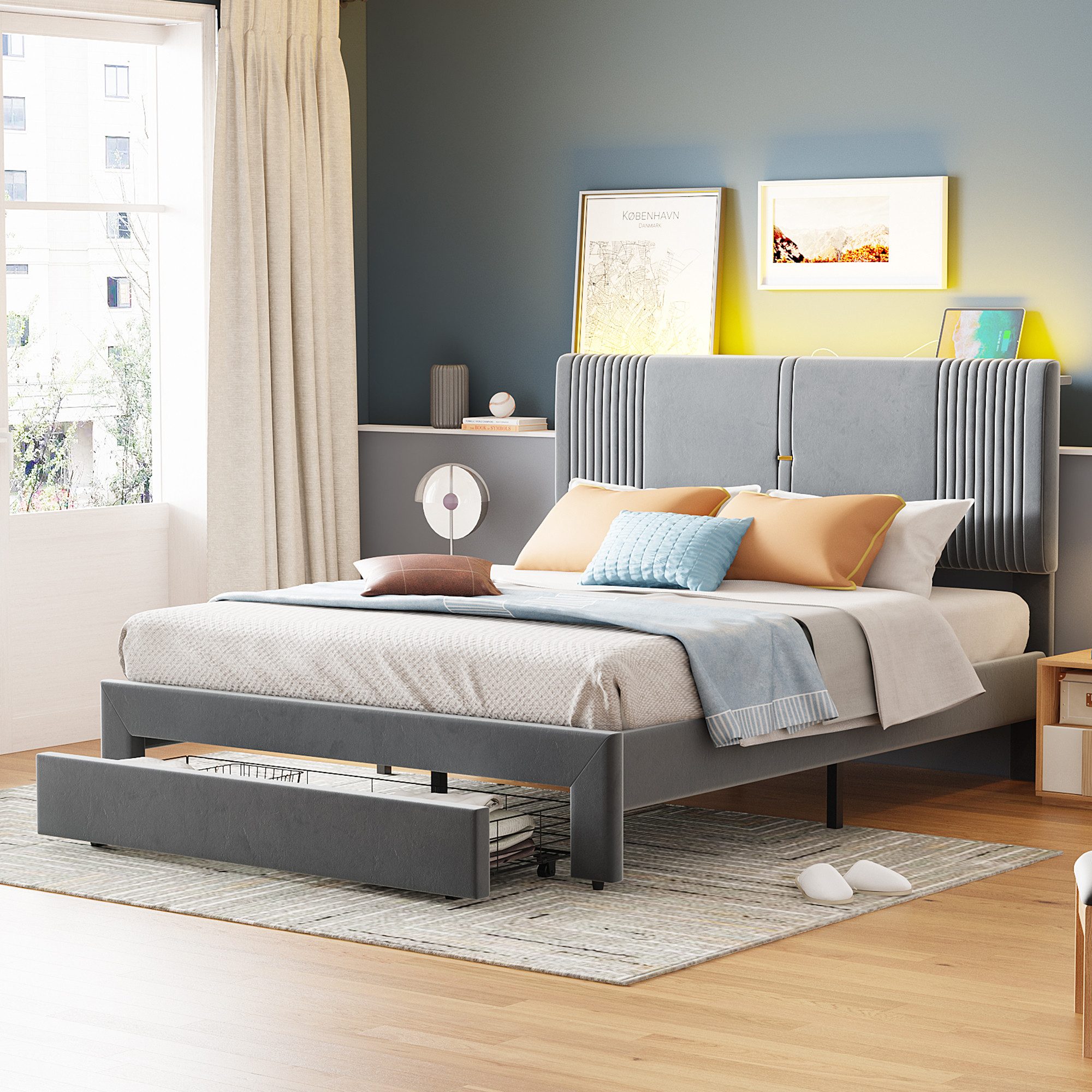 Flieks Polsterbett, LED Doppelbett 140x200cm mit 2 USB-Ladeanschlüsse und g günstig online kaufen