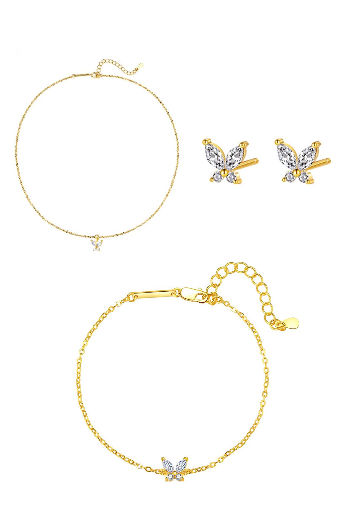 Hey Happiness Ketten und Armband Set mit Серьгиn, Schmetterlinge-Schmuckset, Filigranes 925er Silber Damenset mit Zirkonia