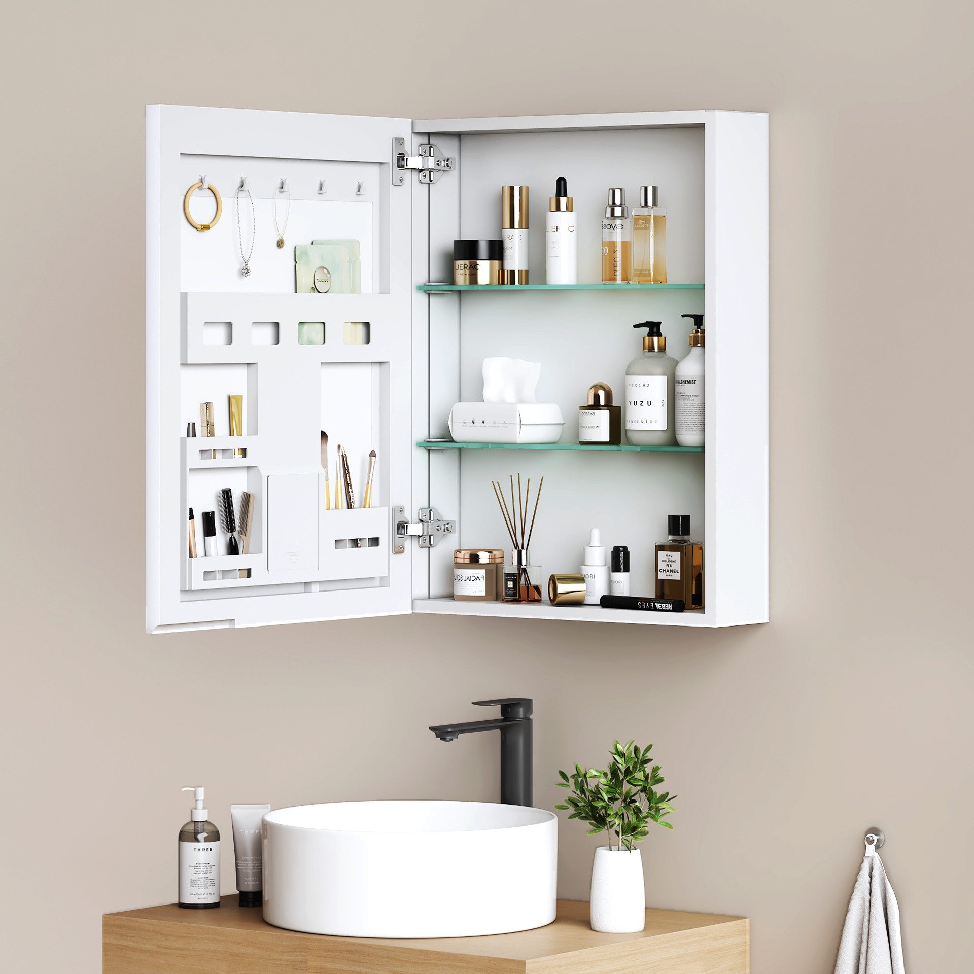 EMKE Spiegelschrank bad 50x65 cm 1-tütig Spiegelschränke Badezimmer Spiegelschrank mit Stauraum Haken verstellbaren Regalen Badspiegelschrank