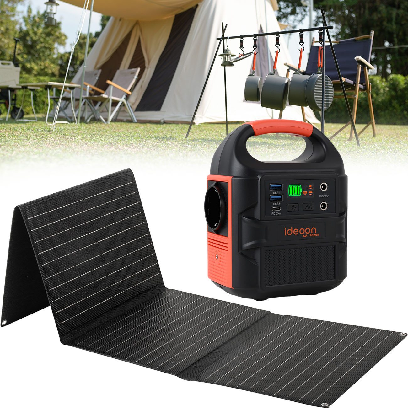 shop'n smile ideoon Mobiles Powerstation Set 88,8Wh mit faltbarem 40W Solarpanel & 230V Powerstation (Solar Input: 15 - 24 V, max. 1,2 A, 28,8 W V), 40W Solarpanel IP65, 230V, PD 65W & LED-Leuchte