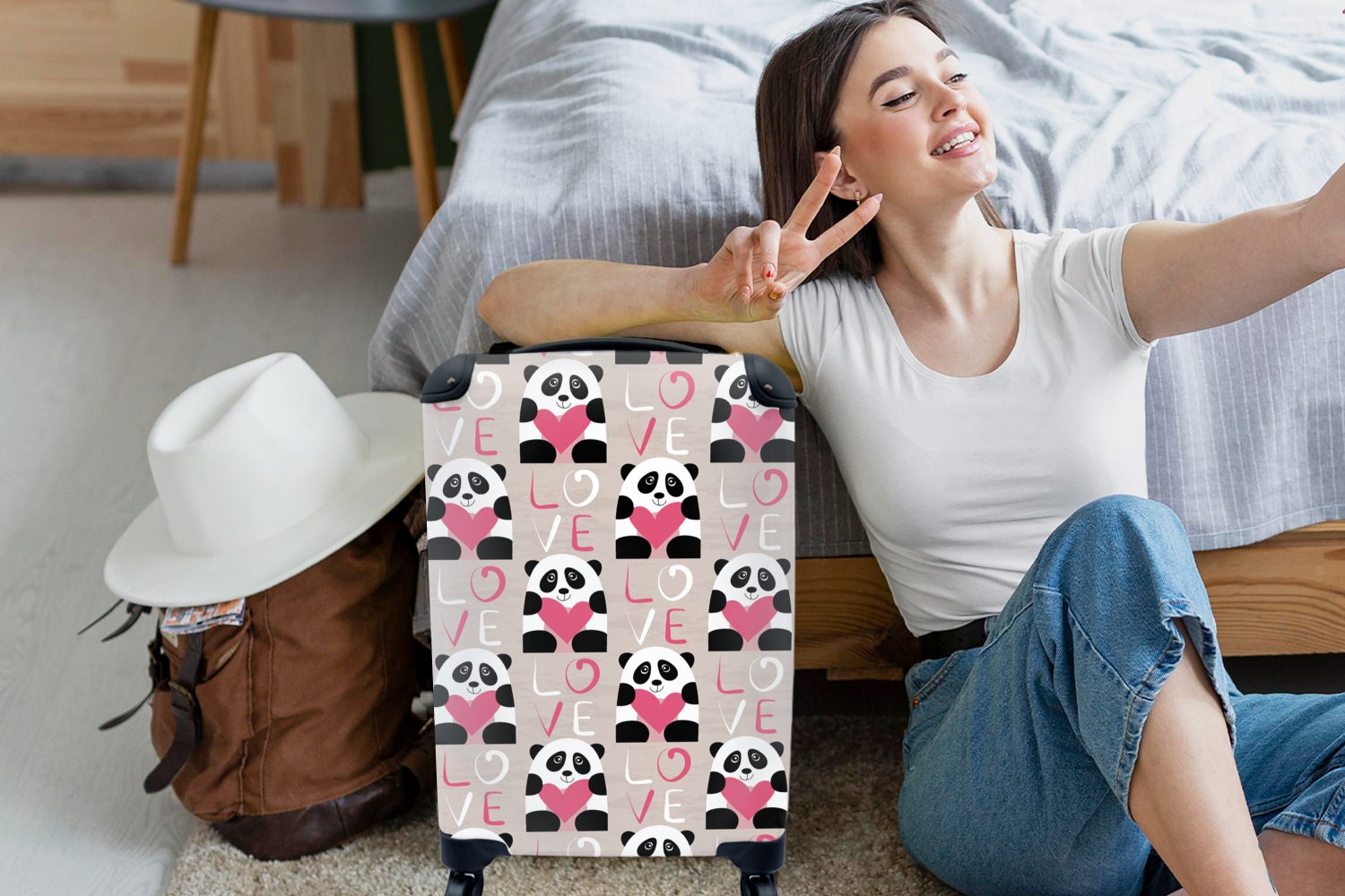 Muster, Ferien, 4 Reisekoffer Panda Trolley, rollen, - Rollen, MuchoWow Reisetasche Herzen - für Handgepäckkoffer mit Handgepäck