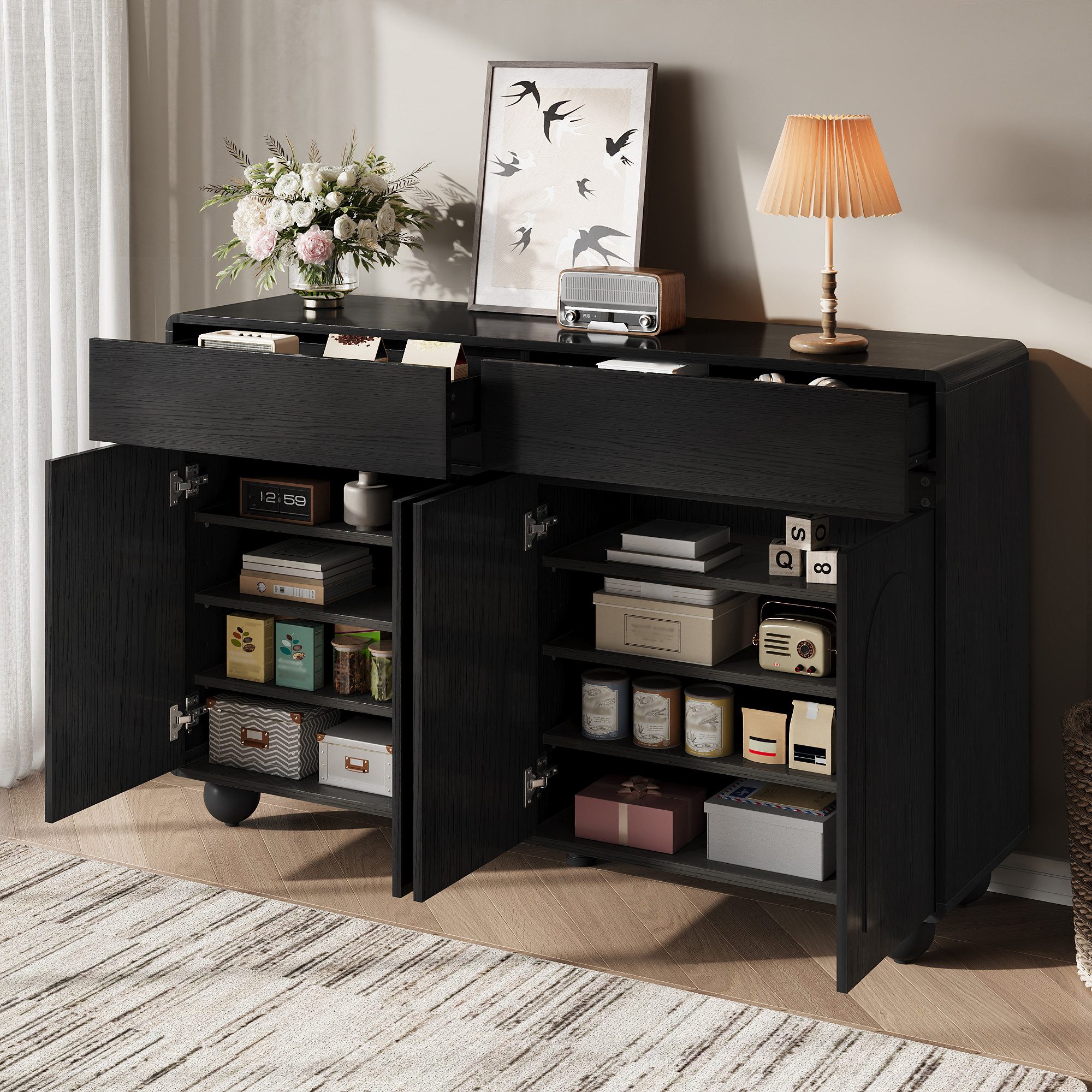 REDOM Sideboard Praktischer Stauraumschrank (Packung, 1 St., Schwarz, PB+MDF, Metallfüße), 140x89x38cm, 2 Schubladen + 4 Türen