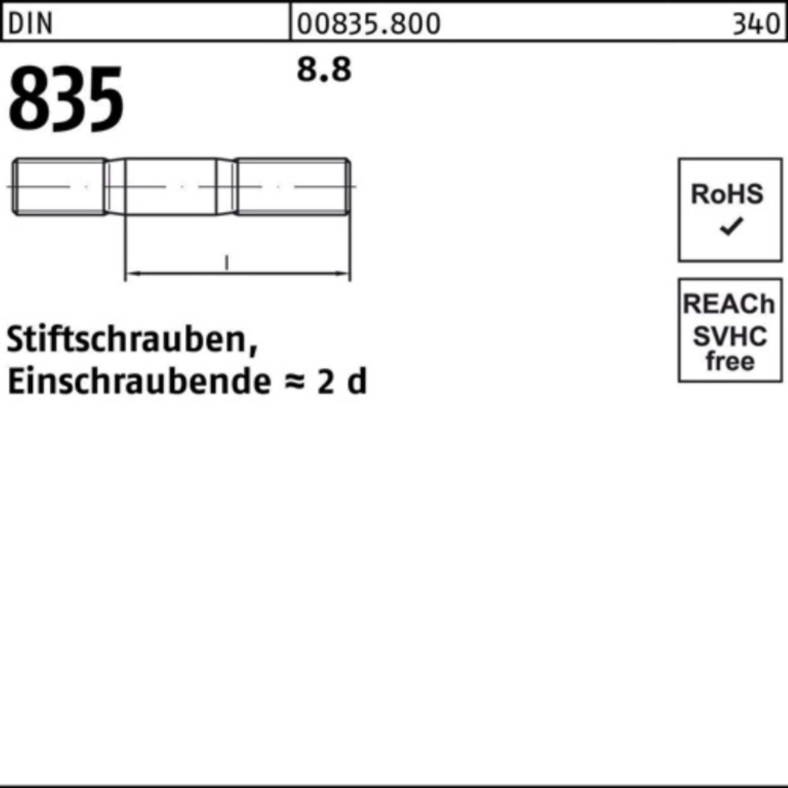 Reyher Stiftschraube Stü Einschraubende=2d 100 DIN 835 Stiftschraube Pack 100er 18 8.8 M8x