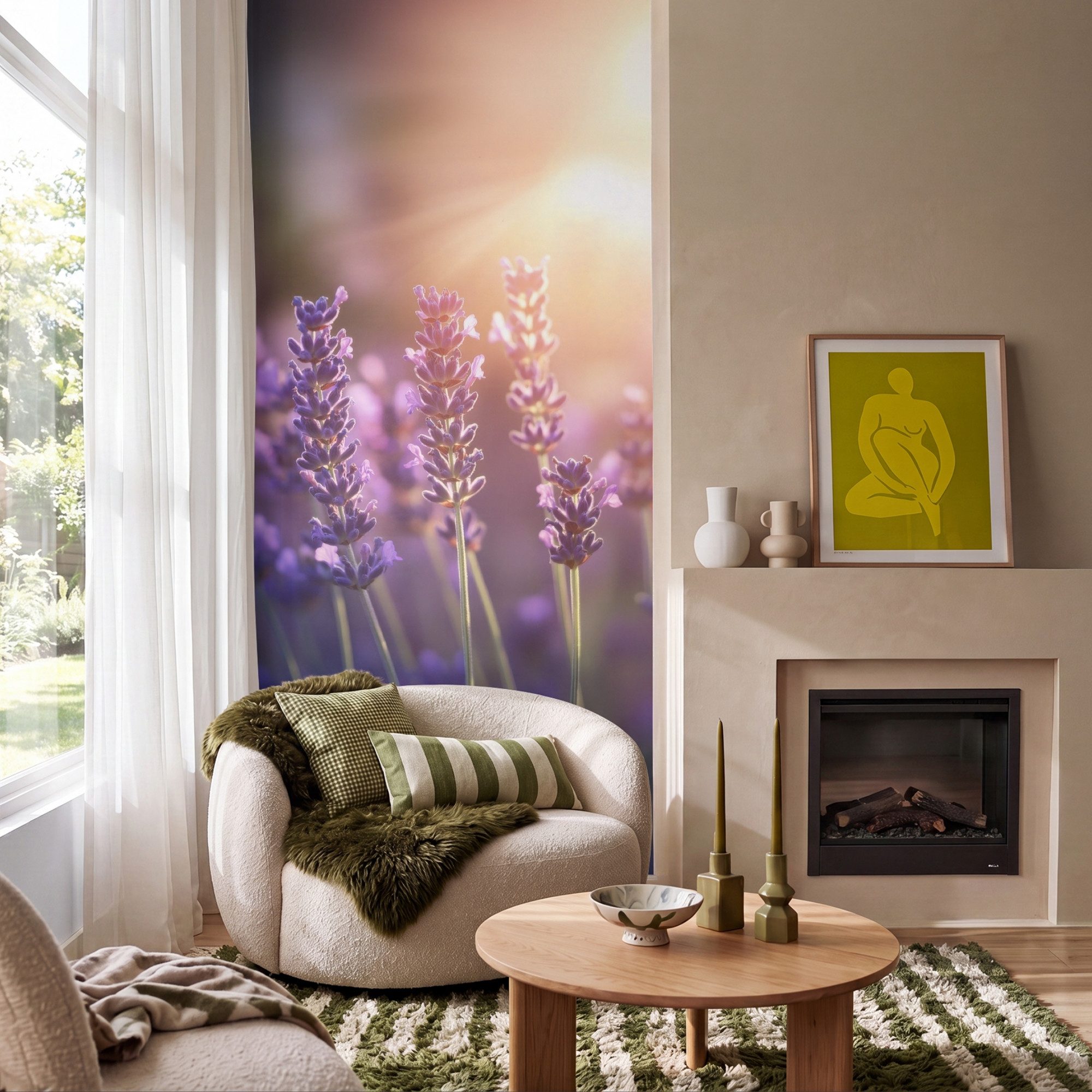 OnlyWow Fototapete Lavendelblüten - Lila - Sonnenlicht, Matt, bedruckt, Wandtapete, Schlafzimmer, Wanddekoration 100x220cm