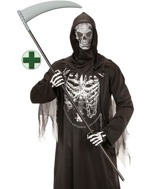 Karneval-Klamotten Kostüm Skelett Kind Grim Reaper mit Knochenaufdruck, Kinderkostüm Jungen Halloween MIT Totenkopf Maske Sense Handschuhe