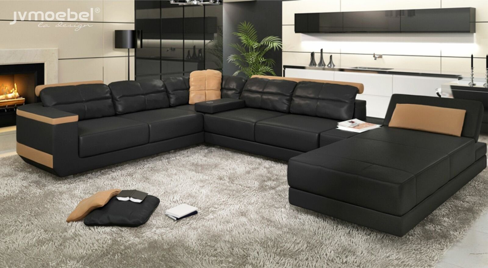 Polster Ecksofa, JVmoebel Stoff Design Ecksofa Modern Schwarz/Beige Sofas Couch Wohnlandschaft U-Form
