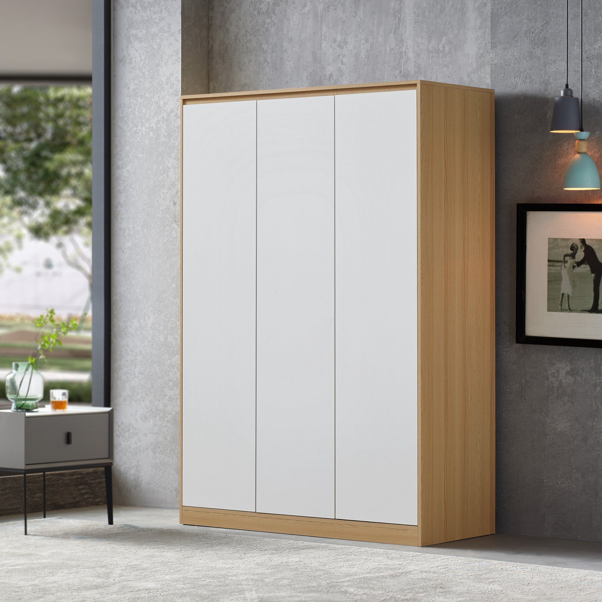 en.casa Kleiderschrank »Bastheim« 3 Türen, 1 Stange, 4 Fächer 176x120x52 cm Eiche / Weiß