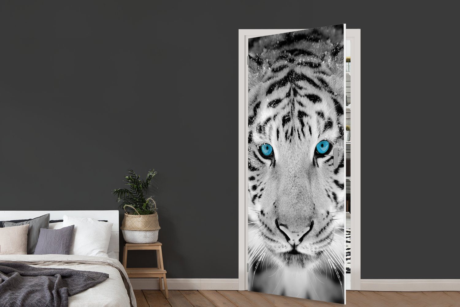 MuchoWow Türtapete Tiere (1 bedruckt, - weiß, Augen St), und Tür, 75x205 Matt, - für Türaufkleber, cm - Tiger Fototapete Blau - Schwarz