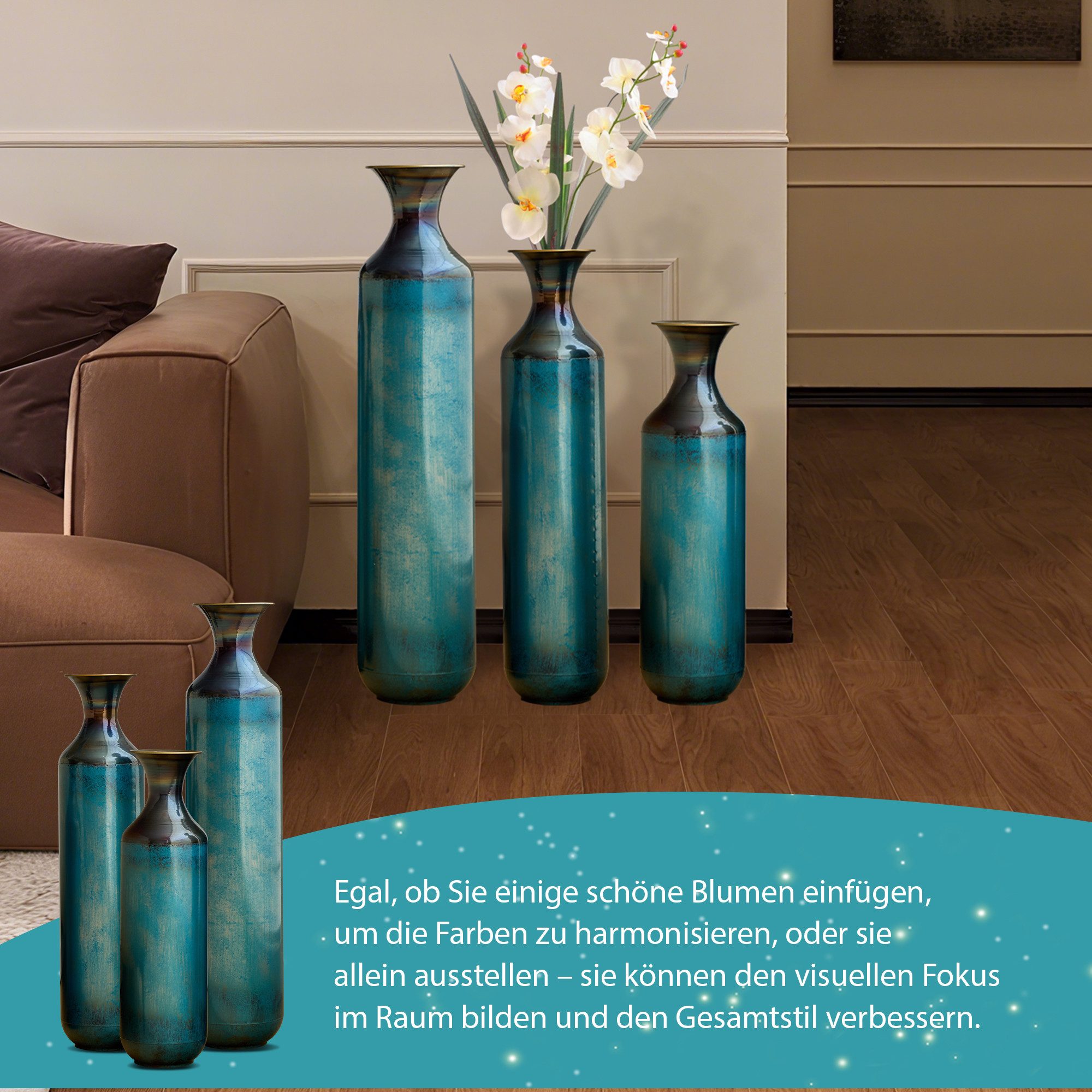 HAUSS SPOLE Bodenvase blaugrün Patina-Optik,3er Metallvase Dekovasen für Wohnzimmer (Dekoratives Vasenensemble für Zuhause), Handgebrannte Metallvase Nicht Wasserdicht