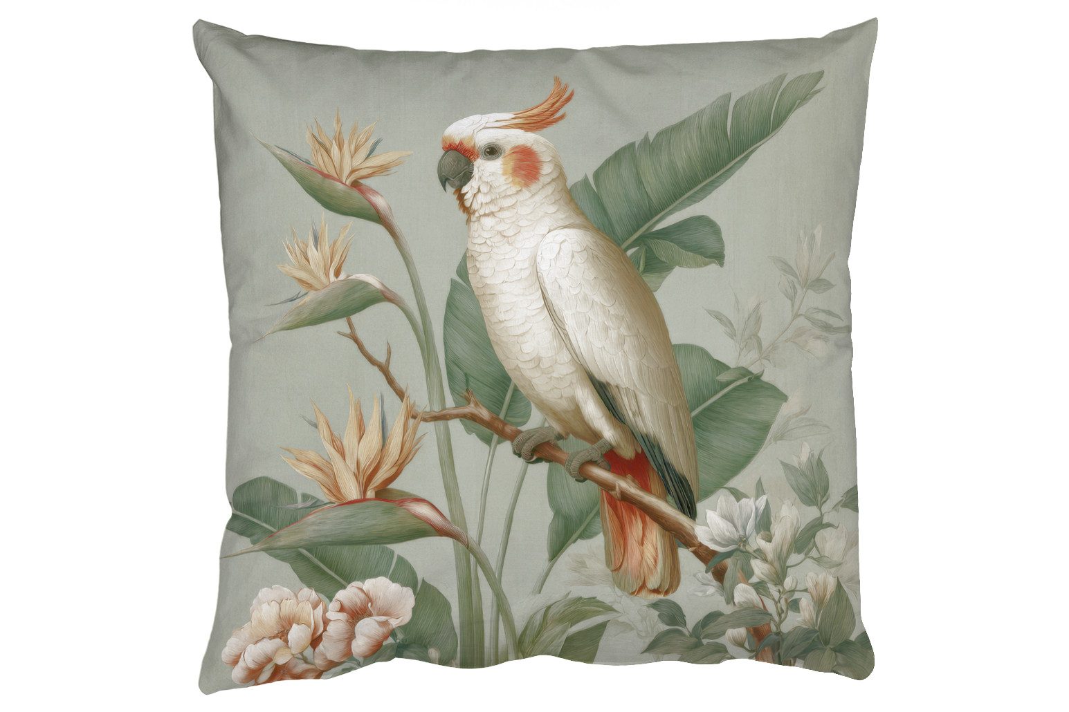 MuchoWow Dekokissen Gelbhaubenkakadu - Paradiesvogel Blumen - Grün, Zierkissen mit Füllung für Wohnzimmer, Sofakissen, 40x40 cm