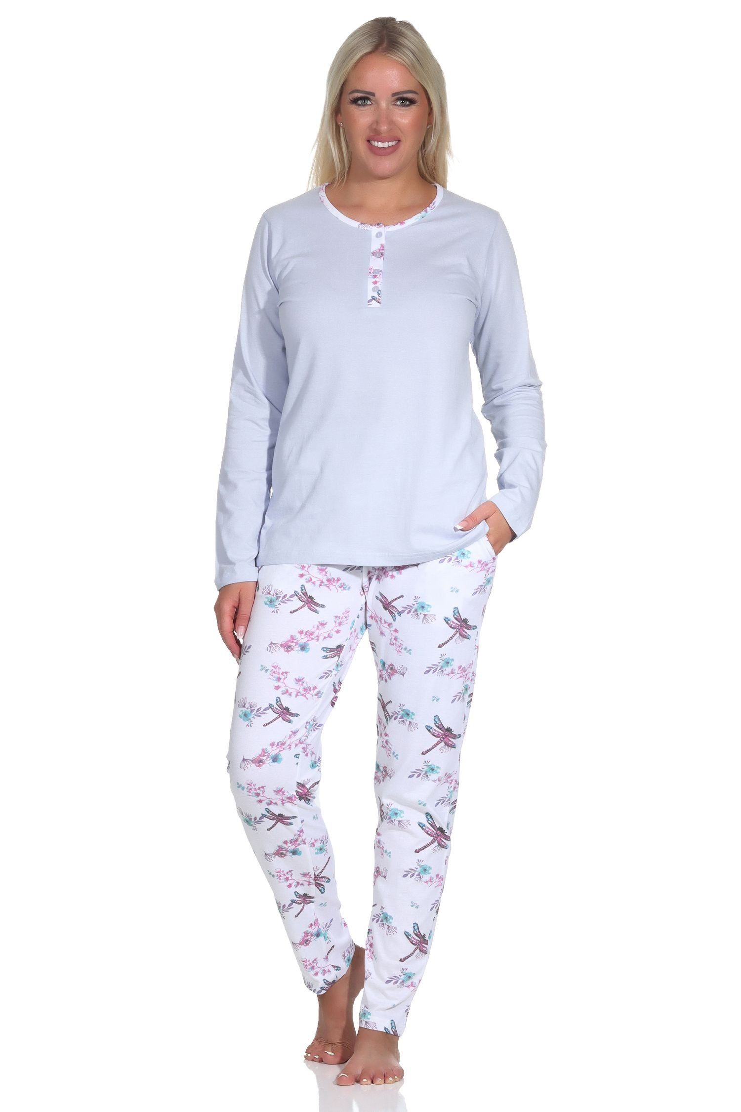 Normann Pyjama Damen Pyjamahose Schlafanzug Print Pyjama mit langarm in floralem hellblau
