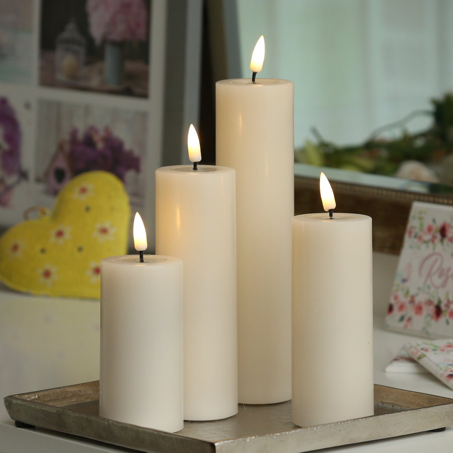 MARELIDA LED-Kerze Mia Deluxe Echtwachs Wachsspiegel flackernd H: 15cm D: 5cm creme