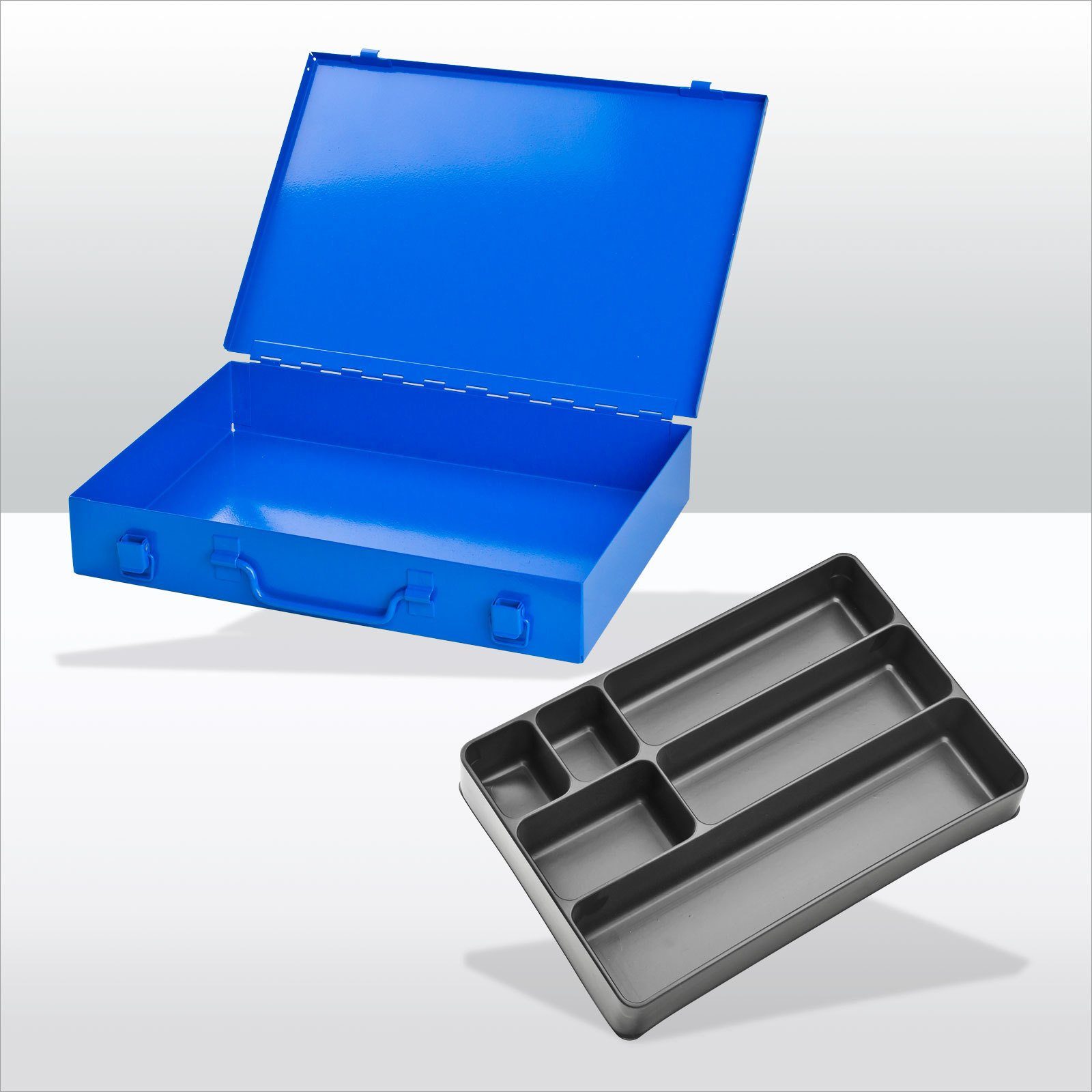 PROREGAL® Werkzeugkoffer Stahlblechkästen mit Spannverschluss 6 Fächer, HxBxT 5x33x23cm, Blau Himmelblau